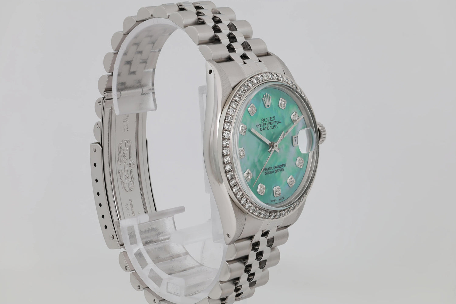 Rolex Datejust 36mm Steel Custom Green Turquoise Diamond Dial Bezel Watch 16030