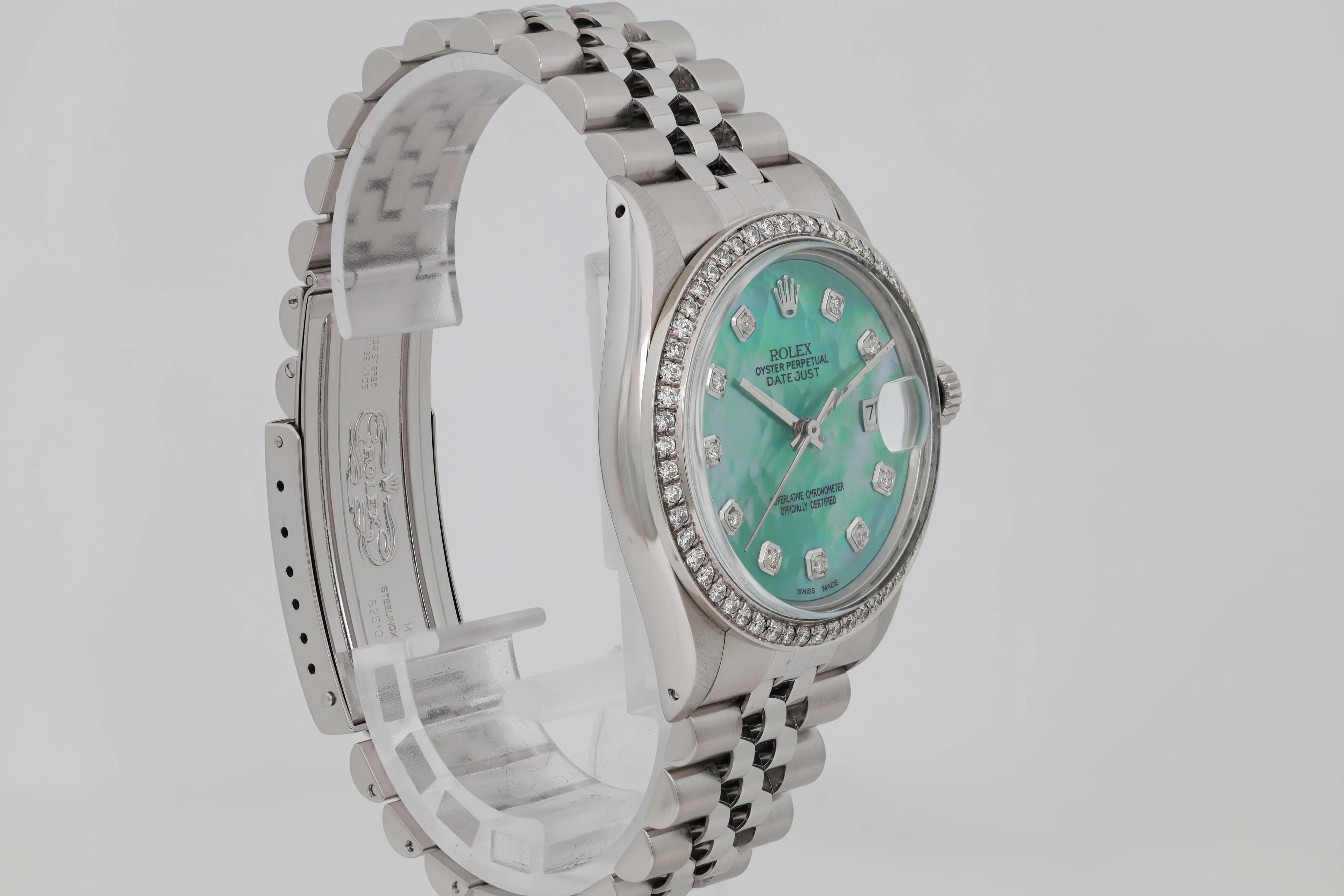 Rolex Datejust 36mm Steel Custom Green Turquoise Diamond Dial Bezel Watch 16030