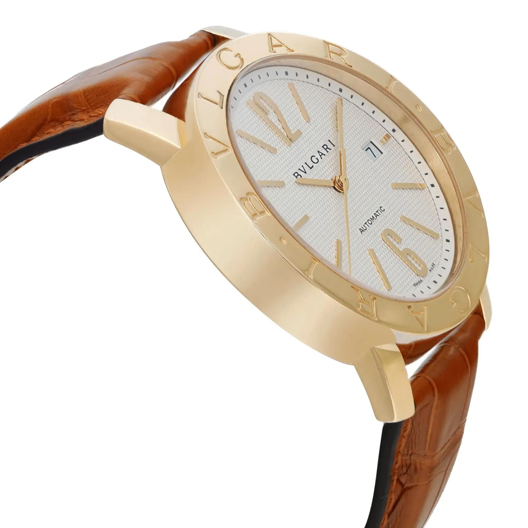 Bvlgari Diagono XL 42mm 18k Yellow Gold White Dial Leather Mens Watch BB42GL