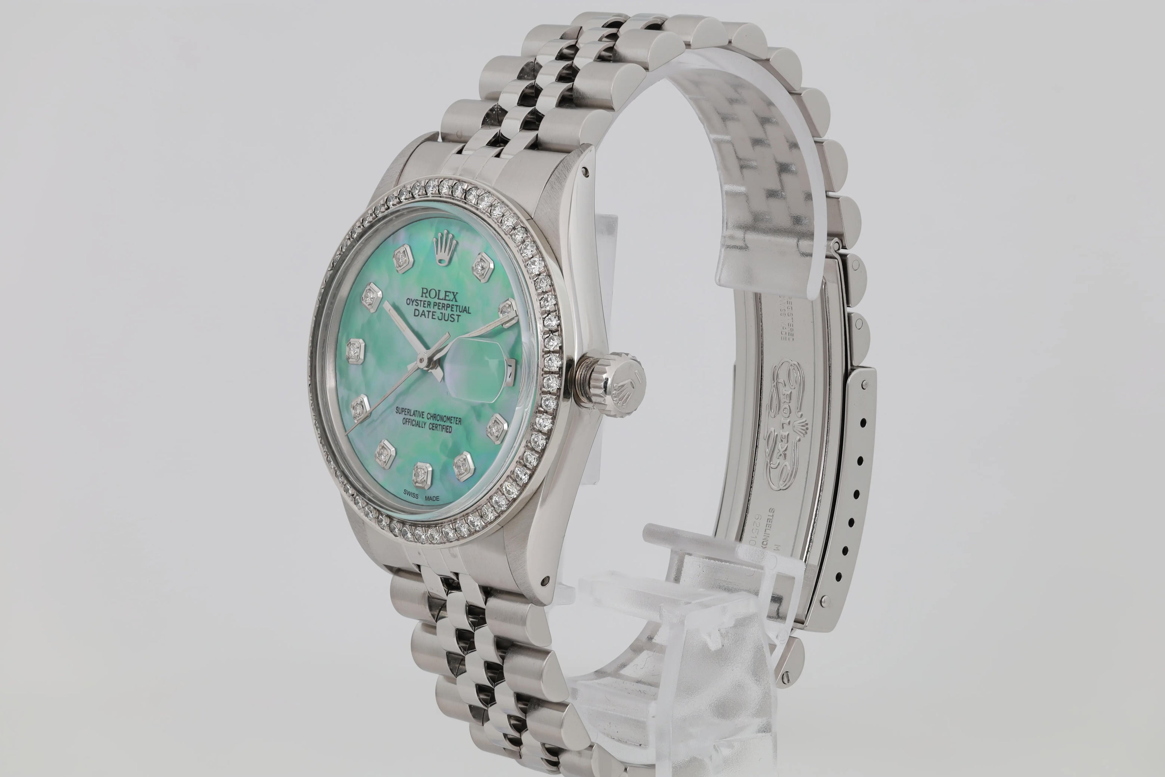 Rolex Datejust 36mm Steel Custom Green Turquoise Diamond Dial Bezel Watch 16030