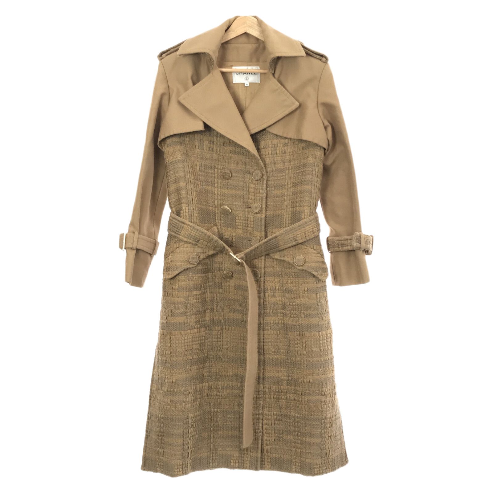 Chanel Belted Tweed Trench Coat Beige Wool 36