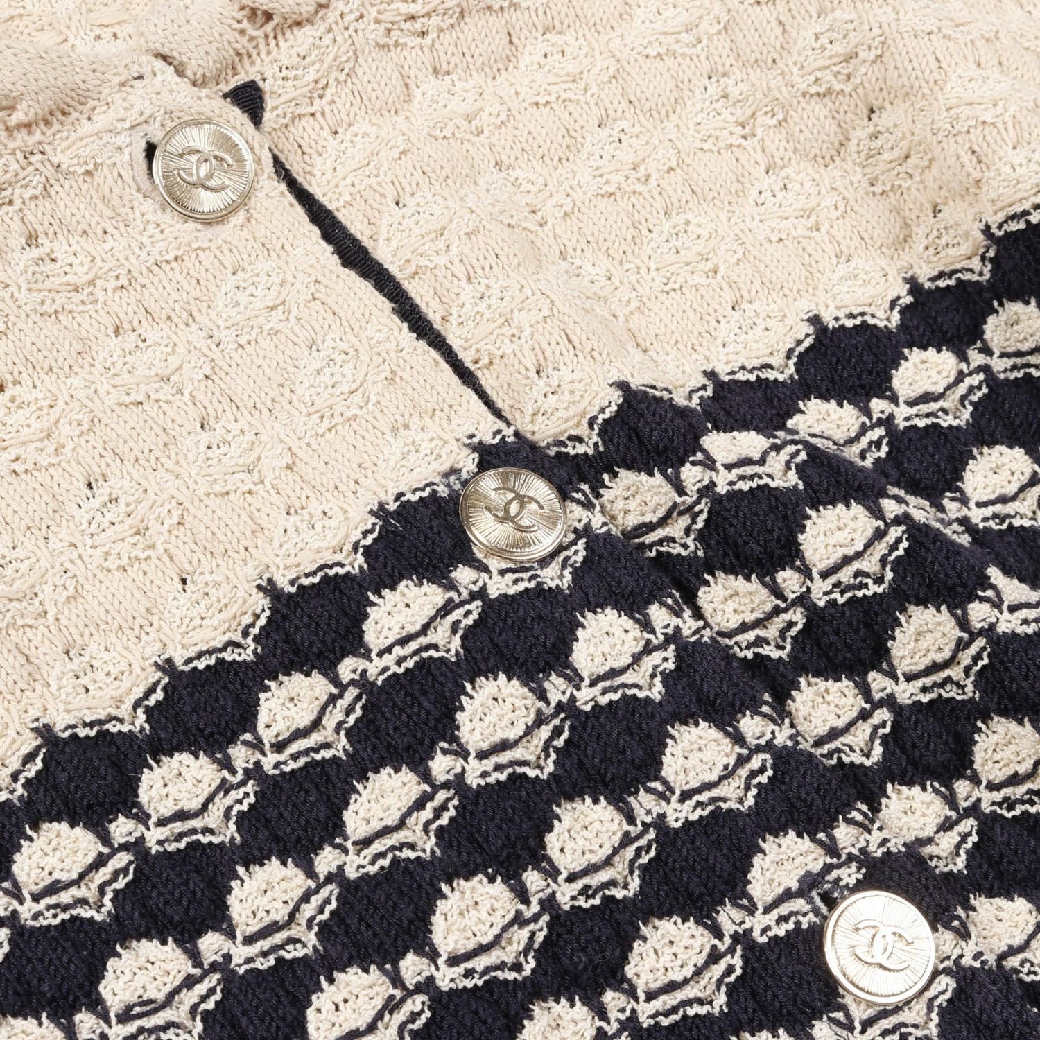 Chanel Navy Beige Coco Mark Button Cardigan Rayon Cotton Silk P 43365k 04401