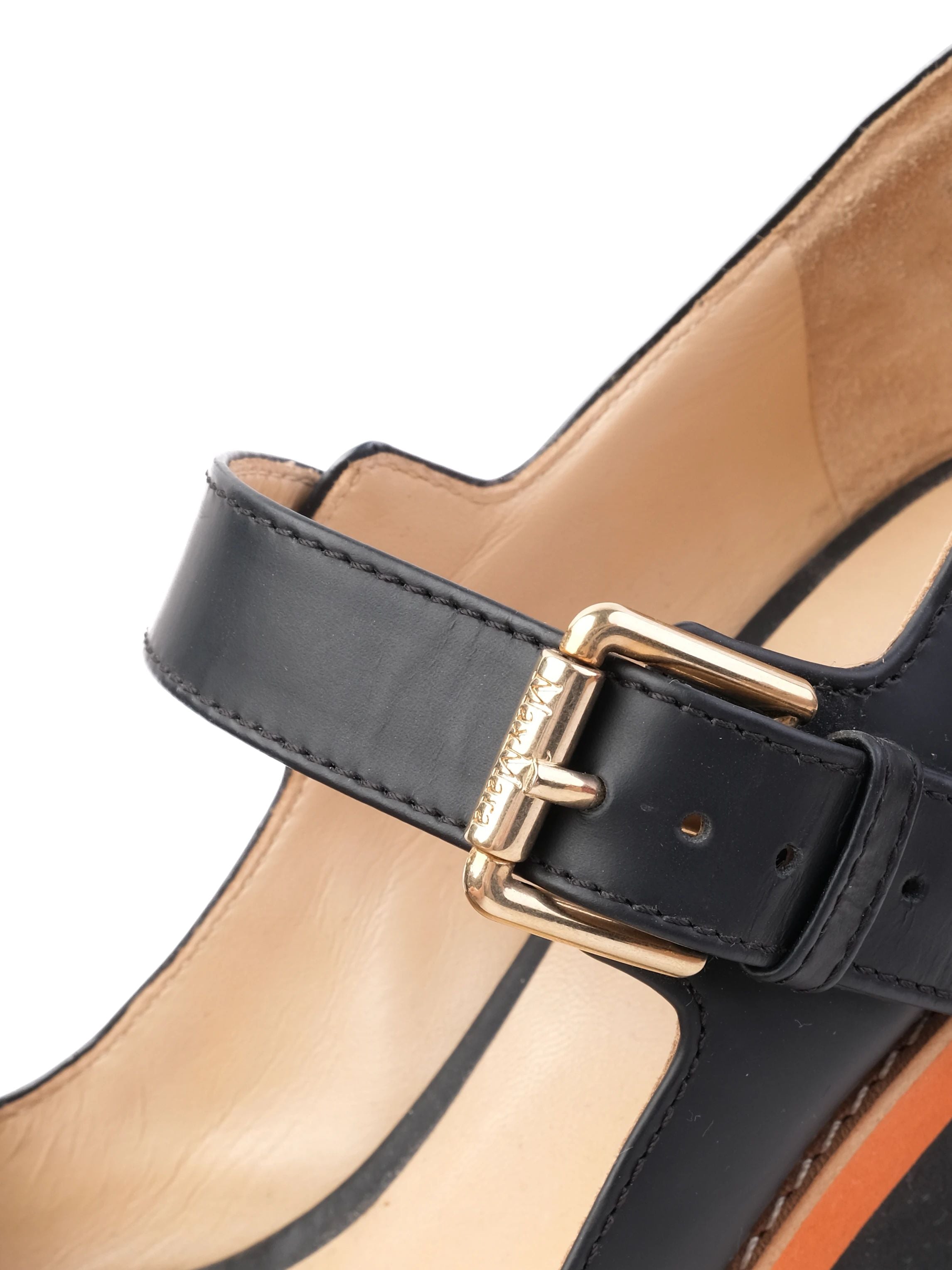 Excellent Max Mara Blue Leather Wedge Shoes Size 35 with Orange Stripe