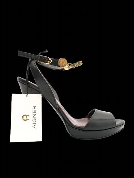 NEW Aigner Black High-Heeled Sandals Leather Size 38 with Gold Details