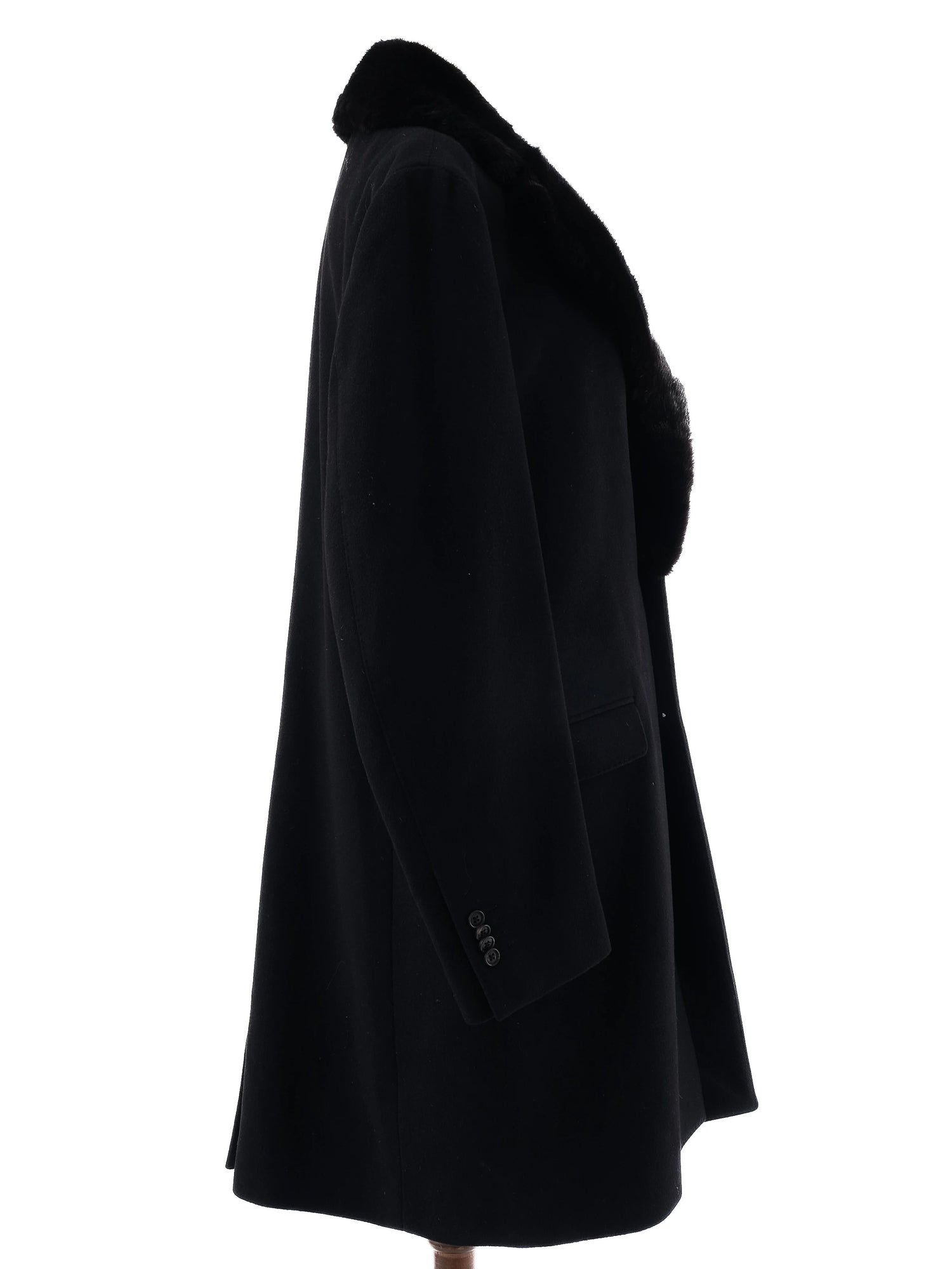 Excellent Smalto Black Cashmere Coat with Fur Collar Size XL