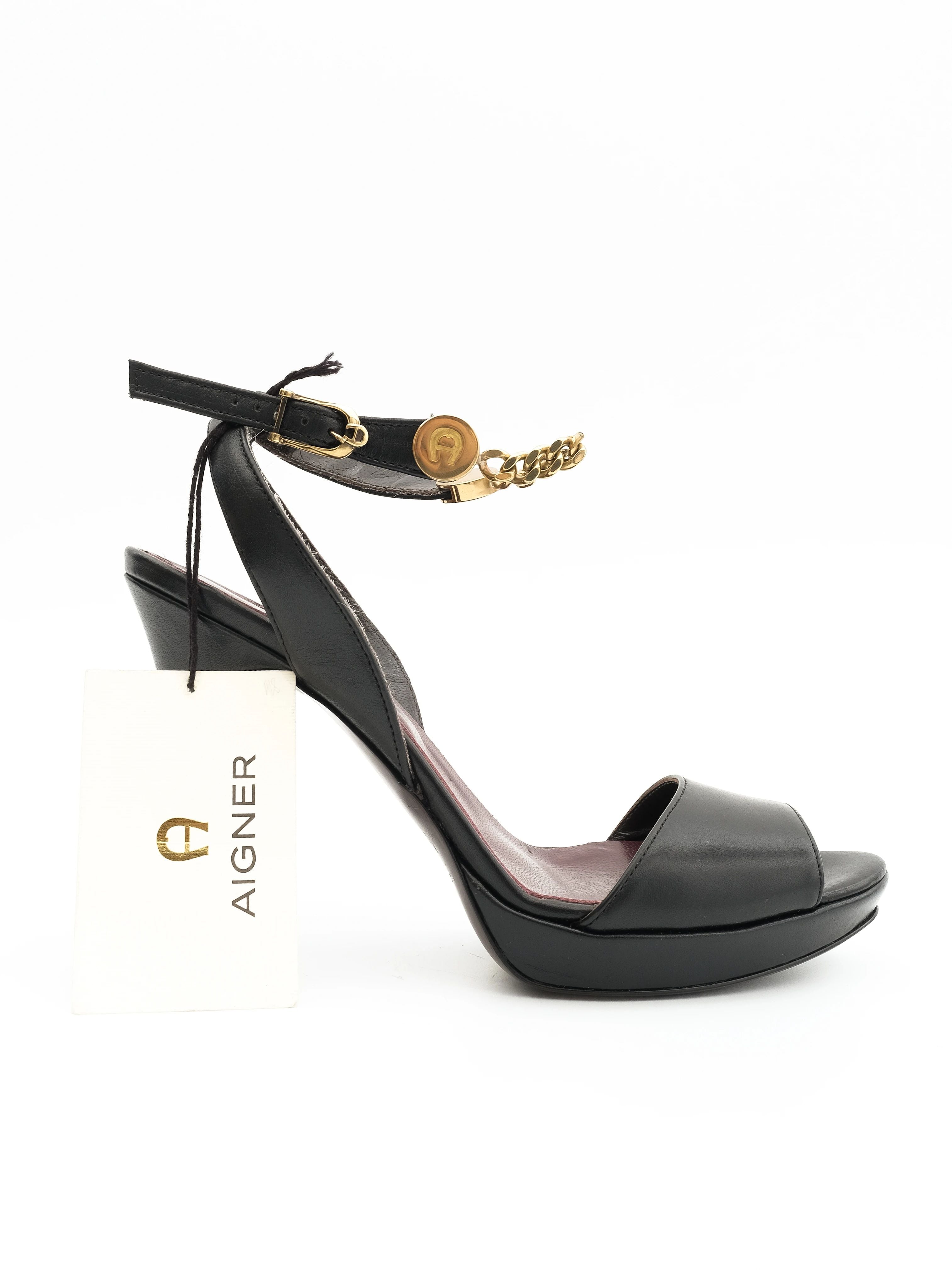 NEW Aigner Black High-Heeled Sandals Leather Size 38 with Gold Details