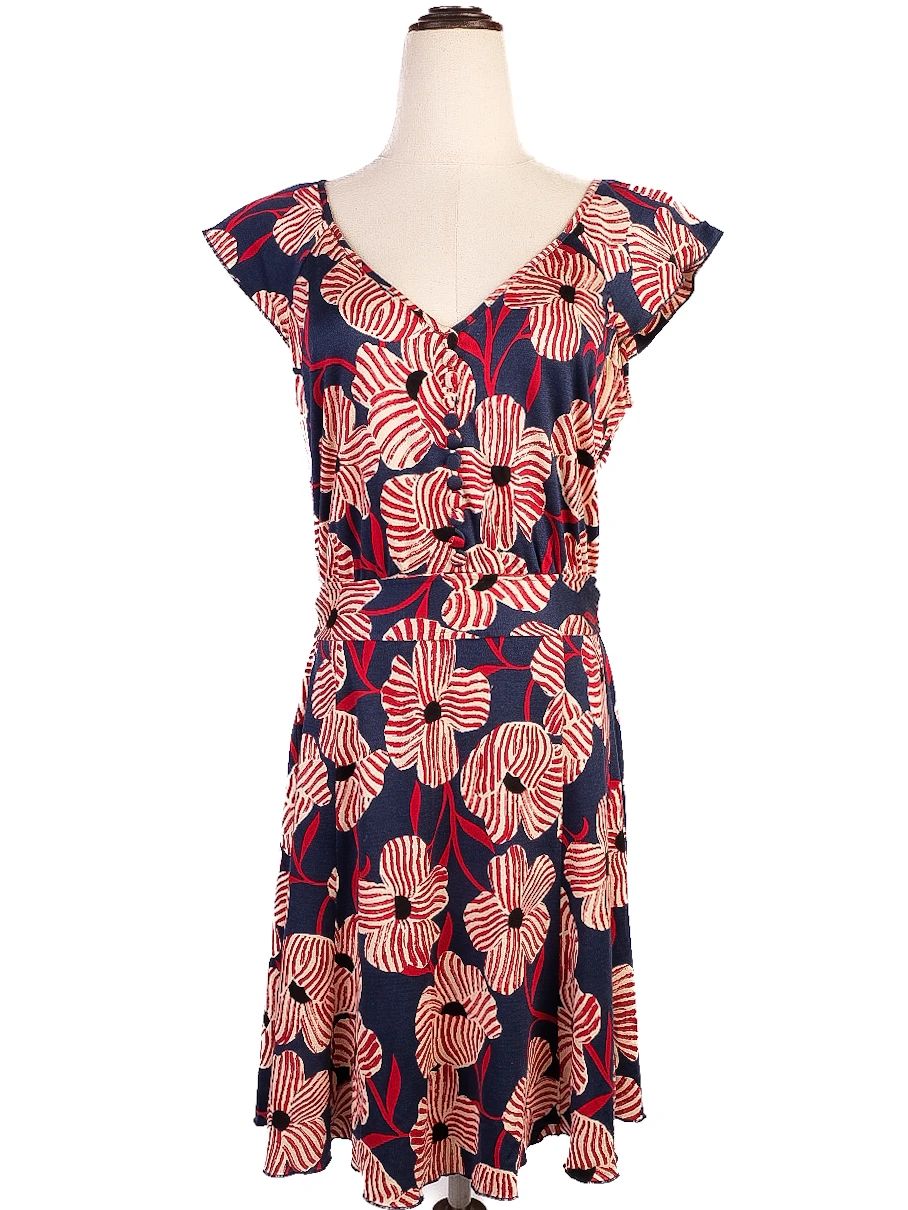 Moschino Floral Silk Dress in Blue with Red & White Accents