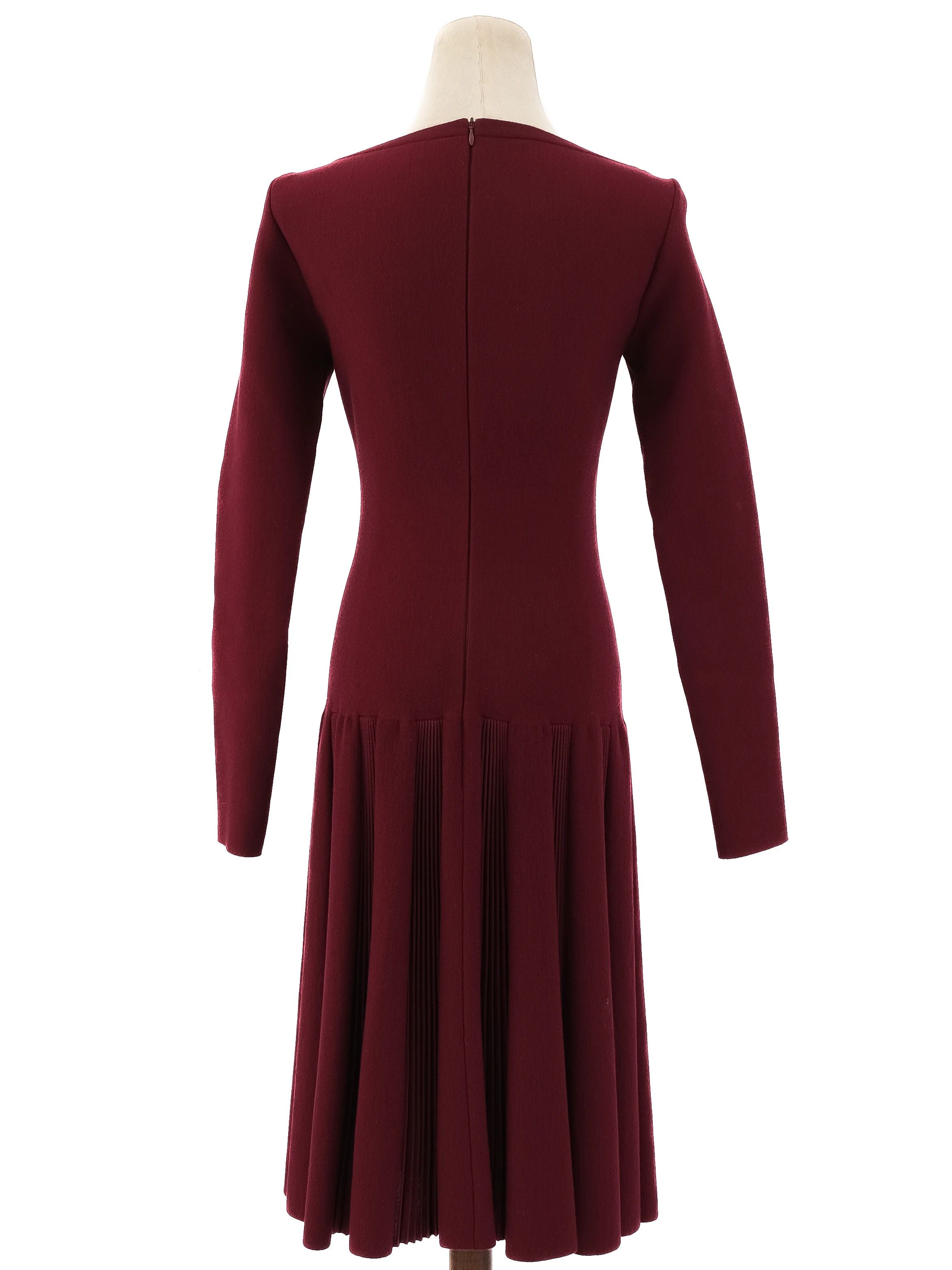 NEW Alaia Burgundy Wool Long Sleeve Dress with Pleated Skirt