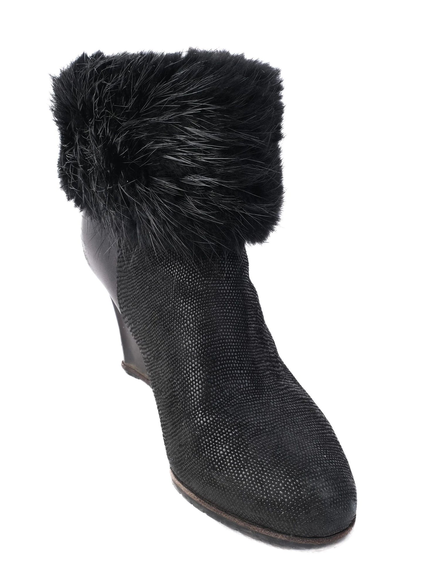 Excellent Sergio Rossi Black Leather Wedge Ankle Boots Size 38.5