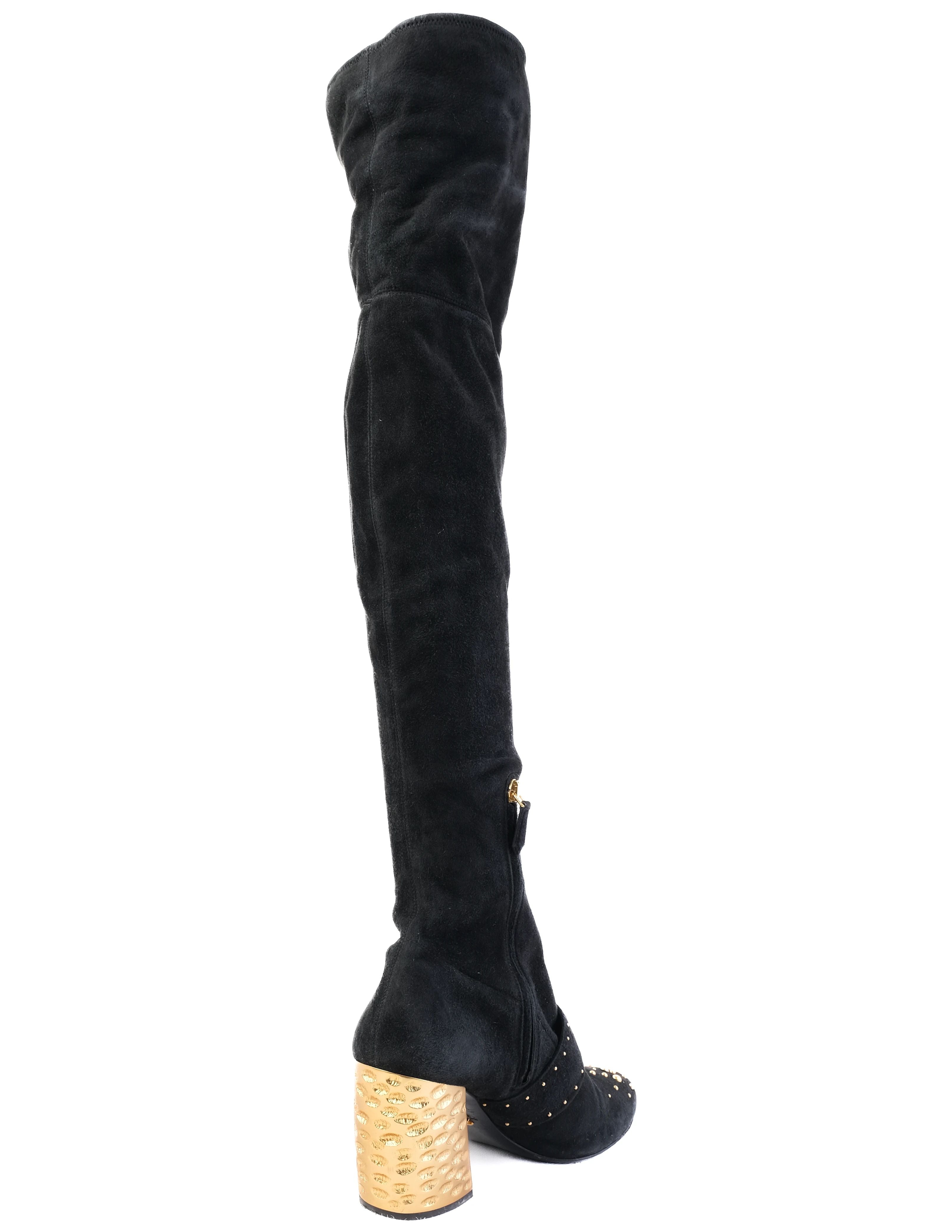 Excellent Prada Black Leather Thigh-High Boots Size 40 with Gold Accents