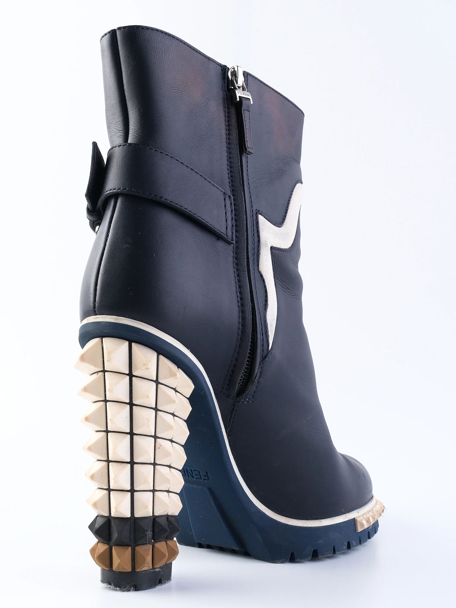 Excellent Fendi Blue Leather Ankle Boots Size 38 with Unique Design