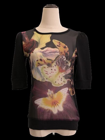 Excellent Ted Baker Black Floral Print Top Size S Cotton