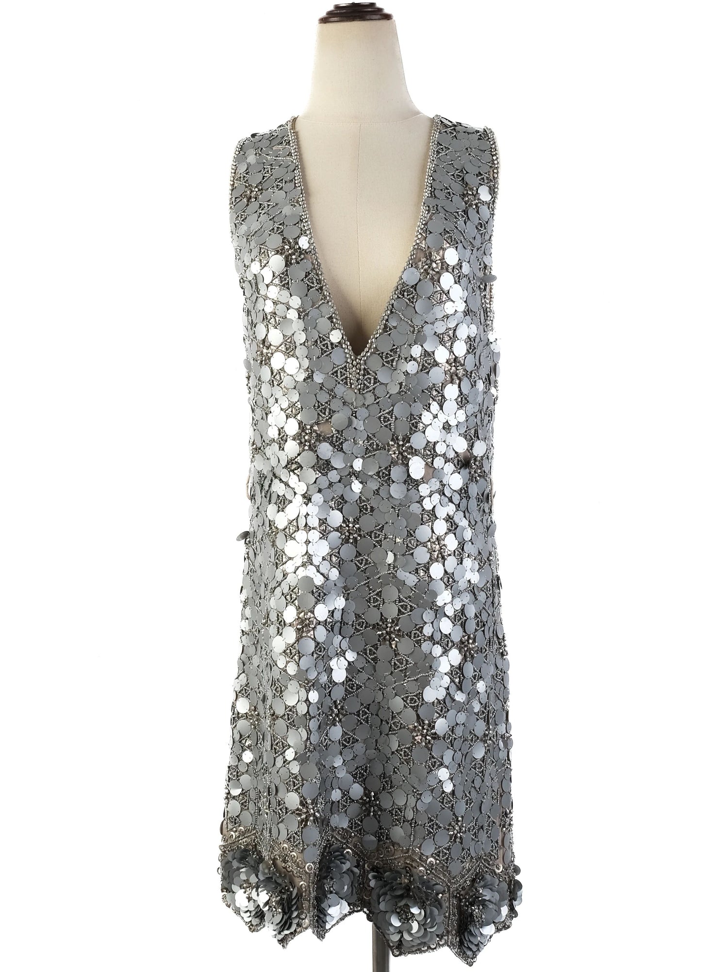 Excellent Gray Silk Sleeveless Dress with Sequin Embellishments