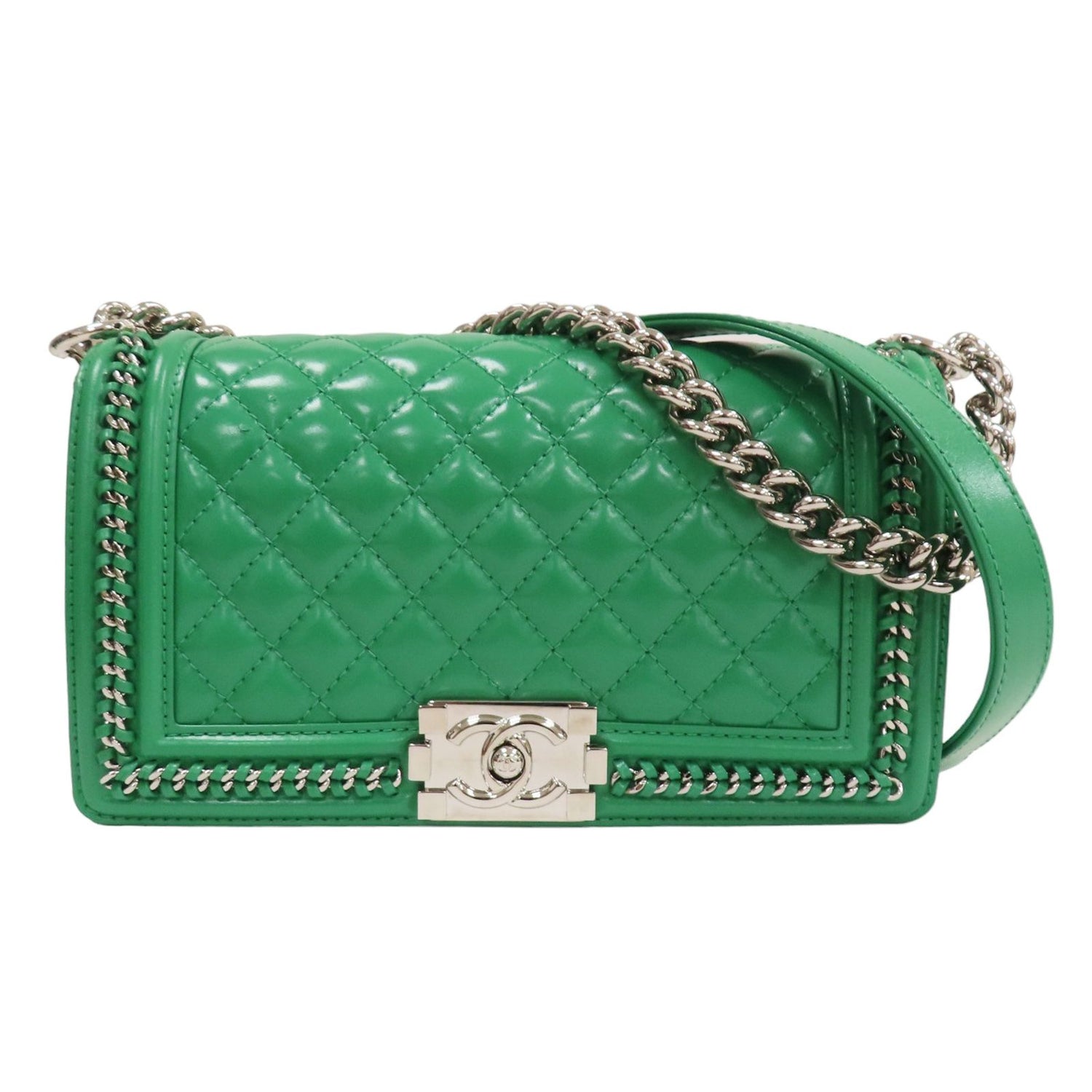 Chanel Matelasse Boy 25 Shoulder Bag Calfskin Green Sliver Tone Metal