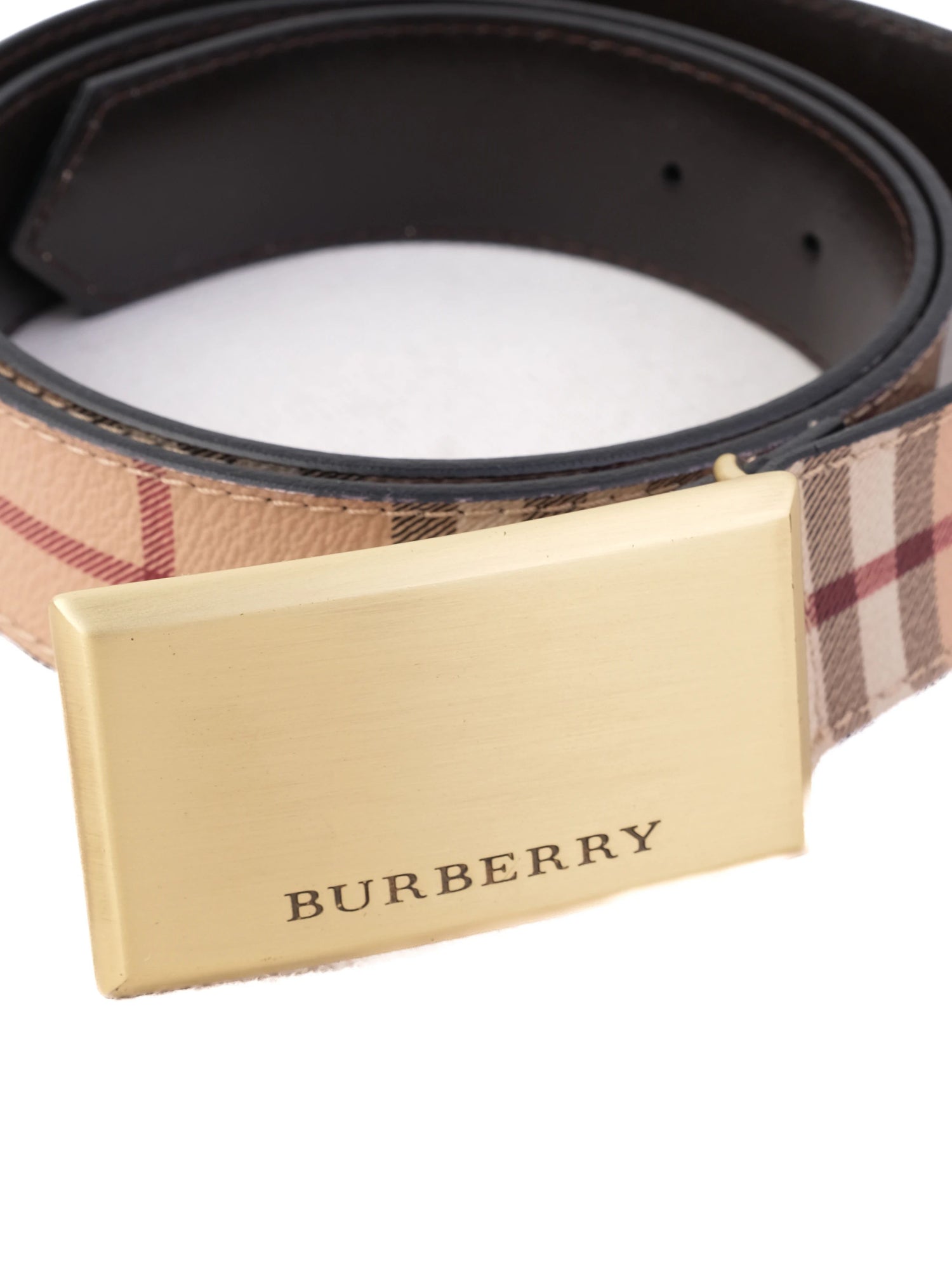 Perfect Burberry Check Leather Belt with Gold Buckle
