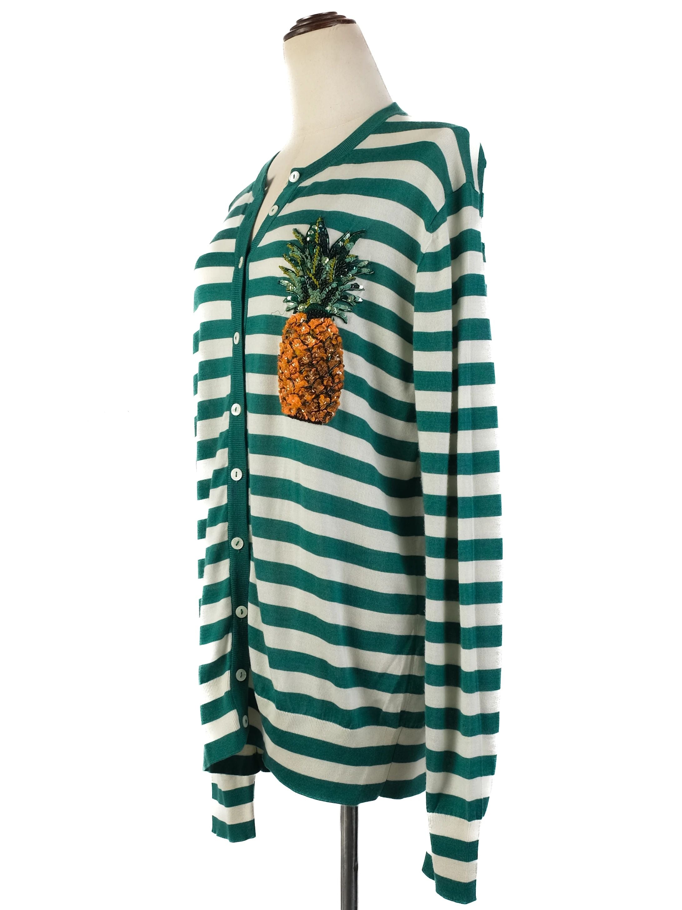 Excellent Dolce Gabbana Green Silk Cardigan Size M with Pineapple Detail
