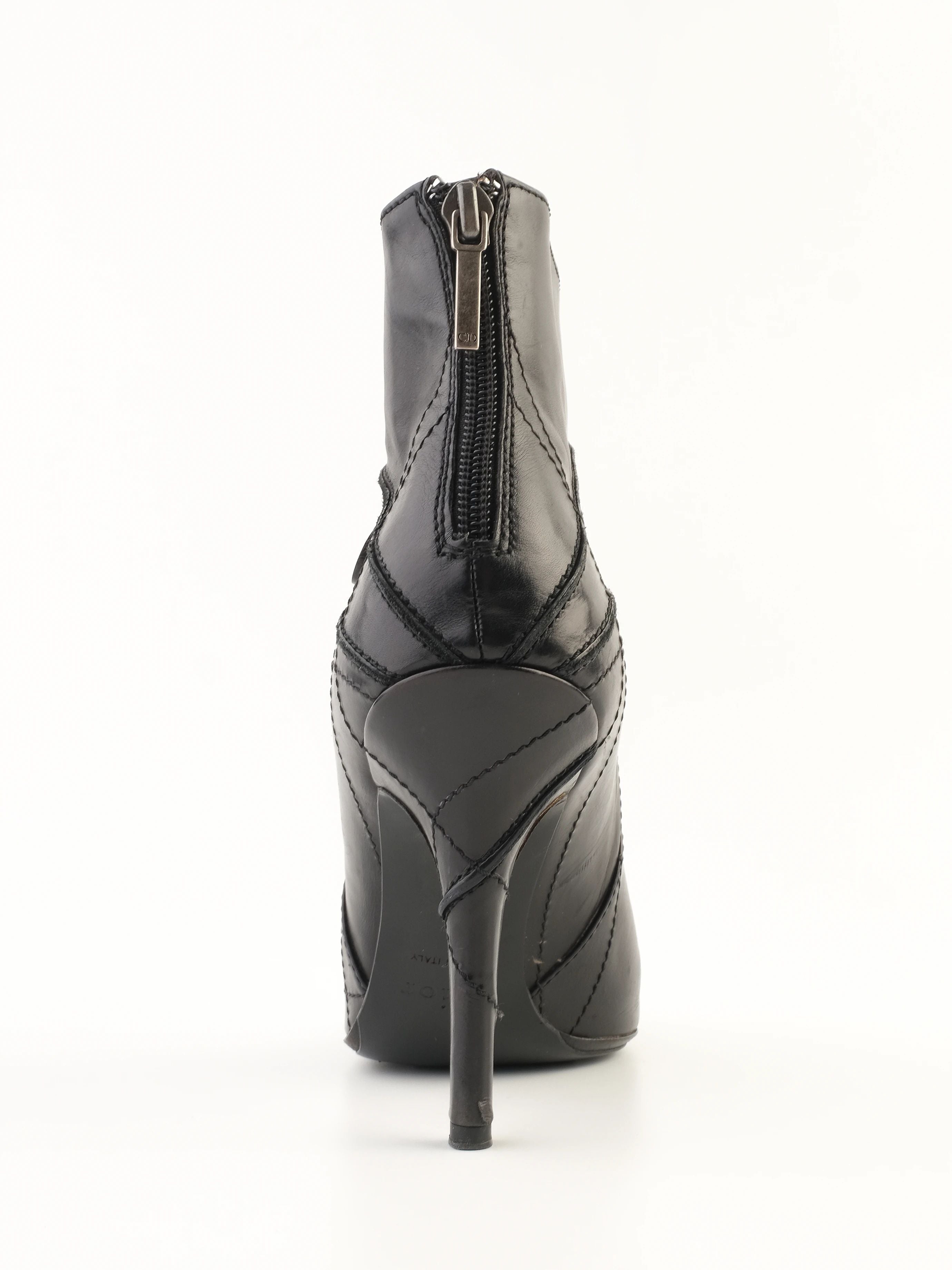 Excellent Dior Black Leather High-Heeled Ankle Boots Size 38