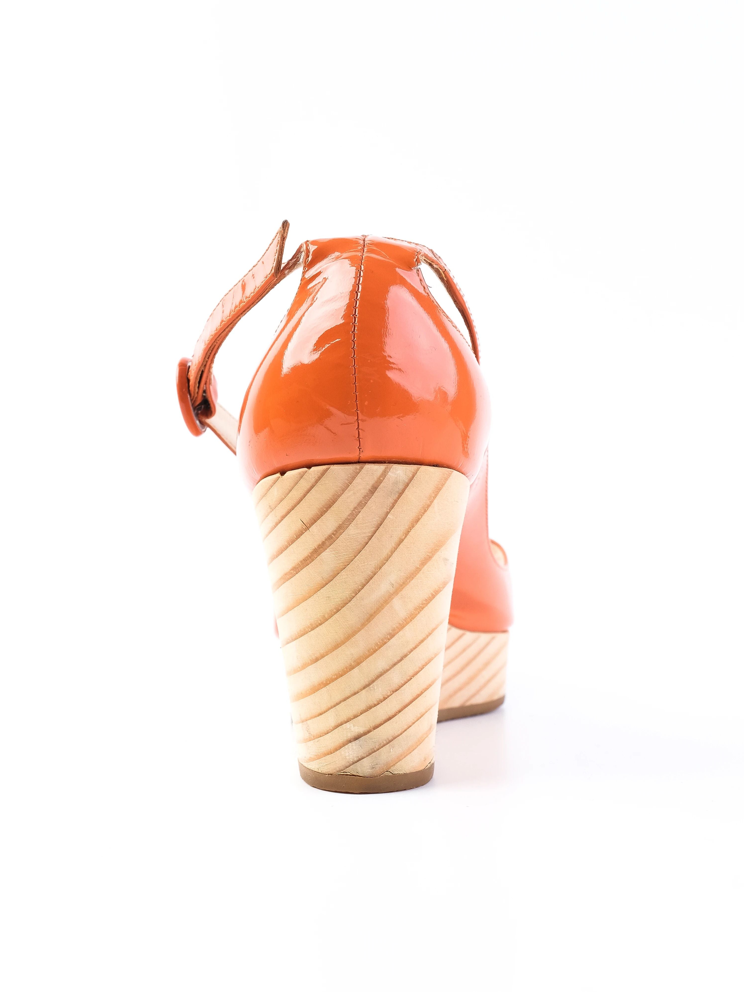 Excellent Rupert Sanderson Orange Patent Leather Wedge Shoes Size 38