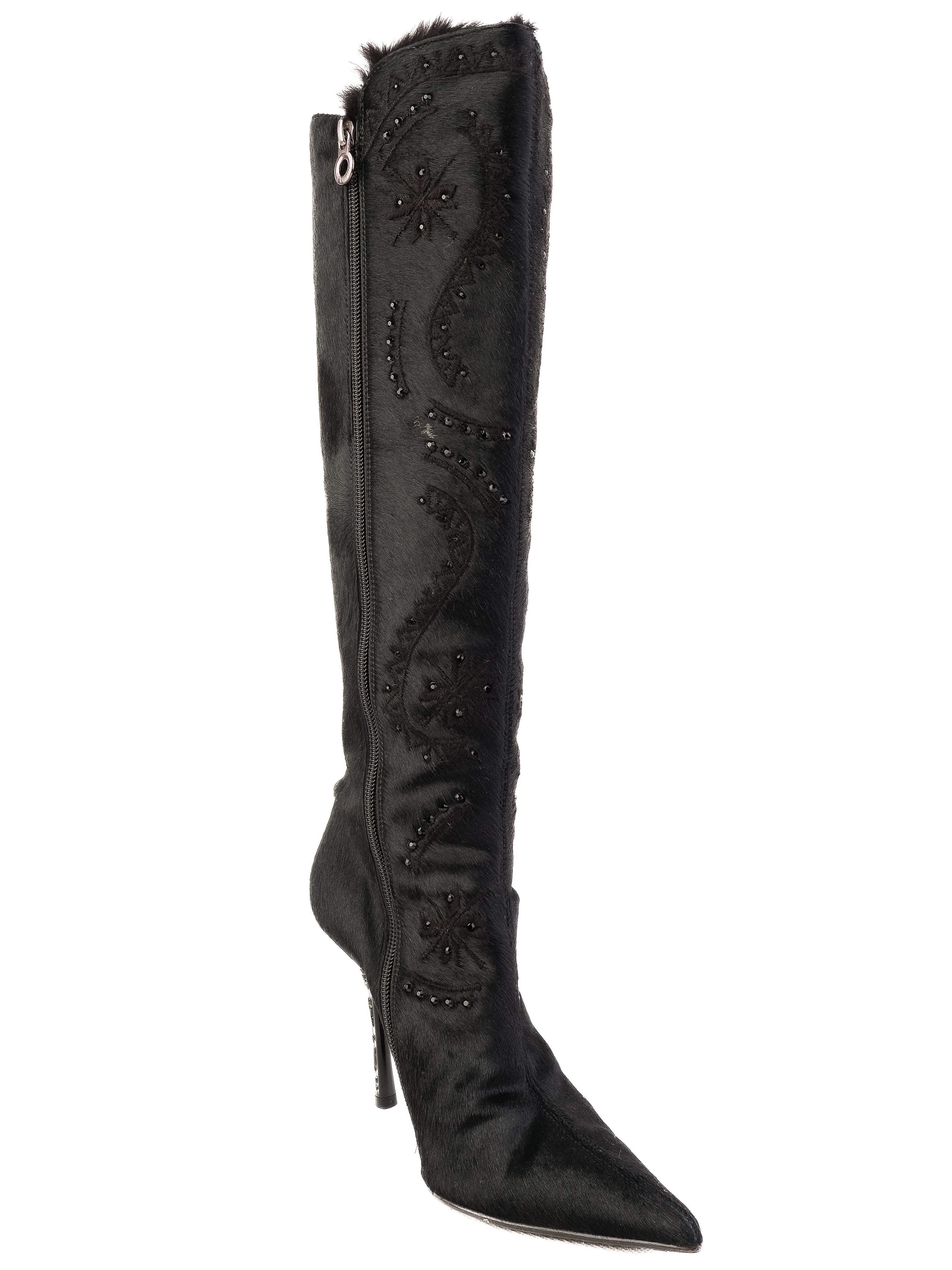 Excellent Lesilla Black Knee-High Stiletto Boots with Fur-Like Texture