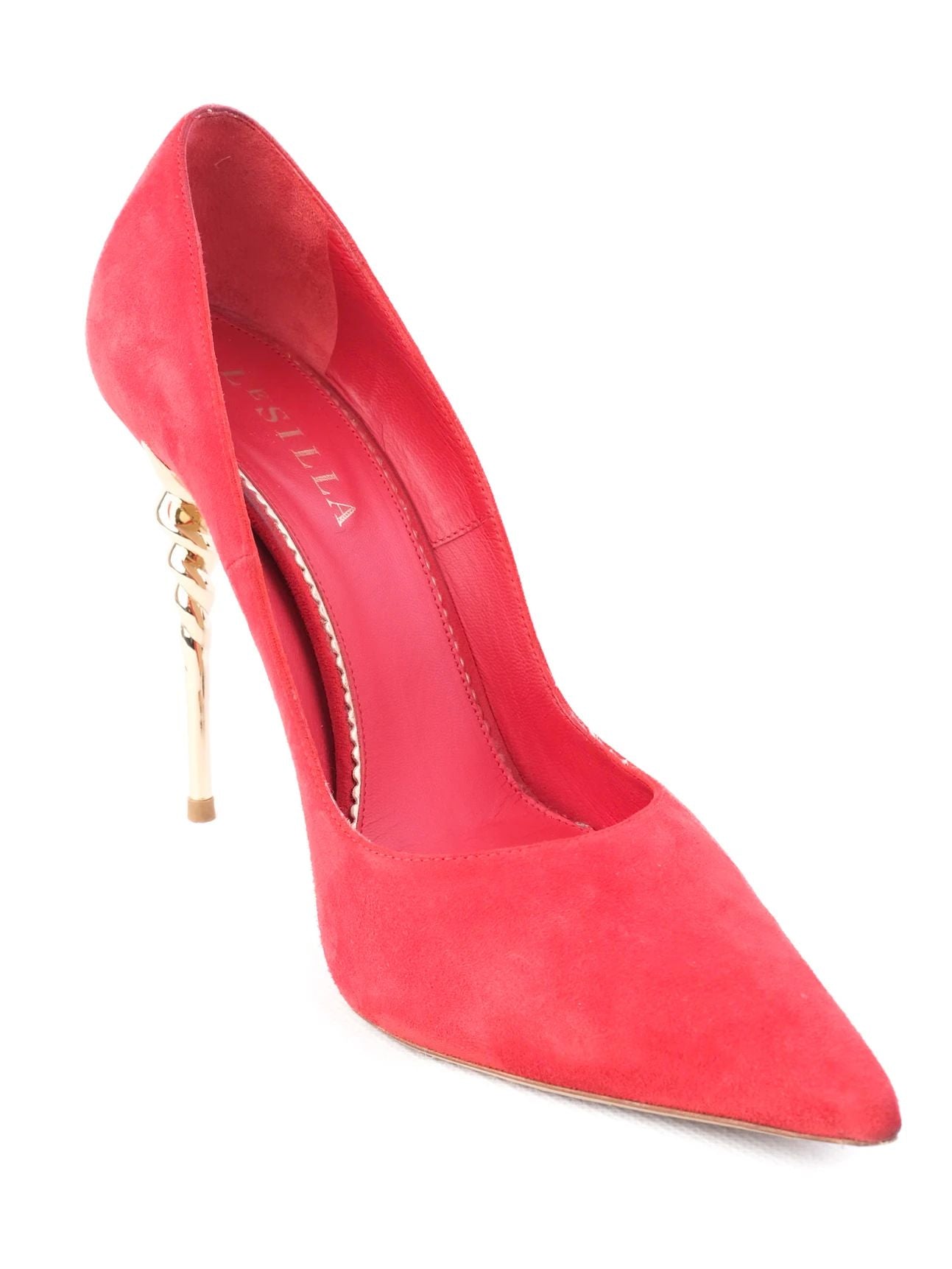 Excellent Lesilla Red Genuine Suede High-Heeled Shoes with Gold Heel
