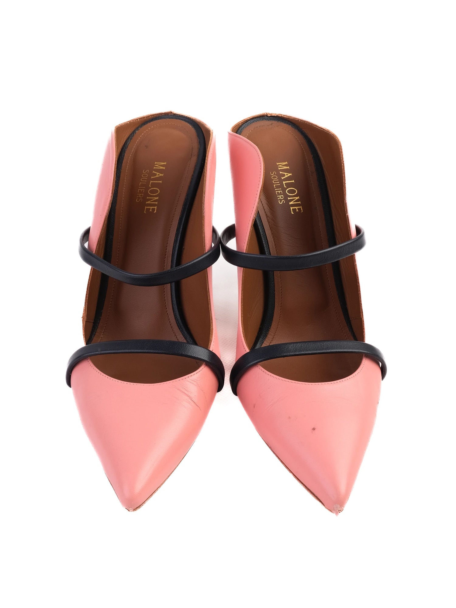 Excellent Pink Leather High-Heeled Shoe with Black Straps Size 39.5