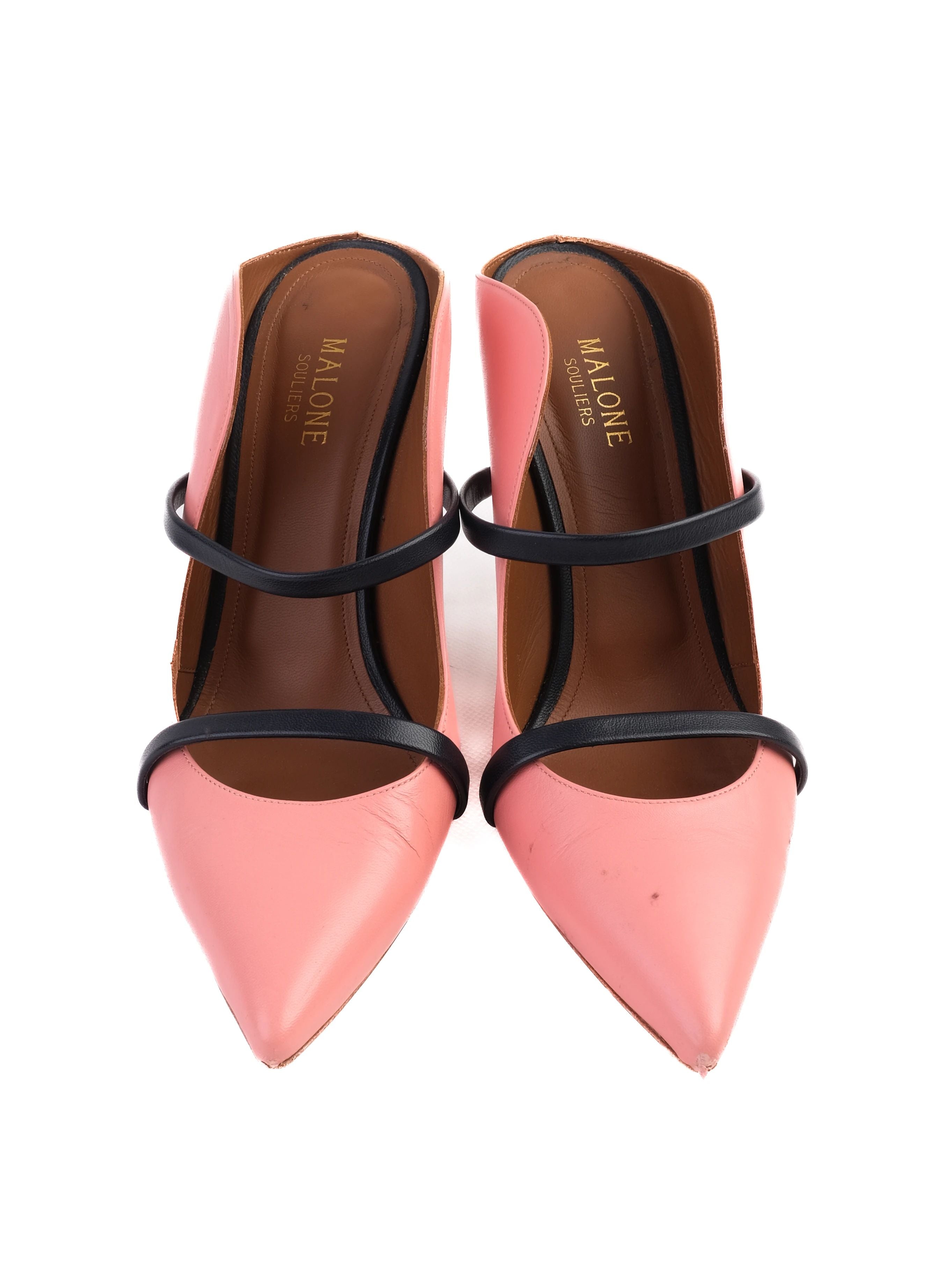 Excellent Pink Leather High-Heeled Shoe with Black Straps Size 39.5