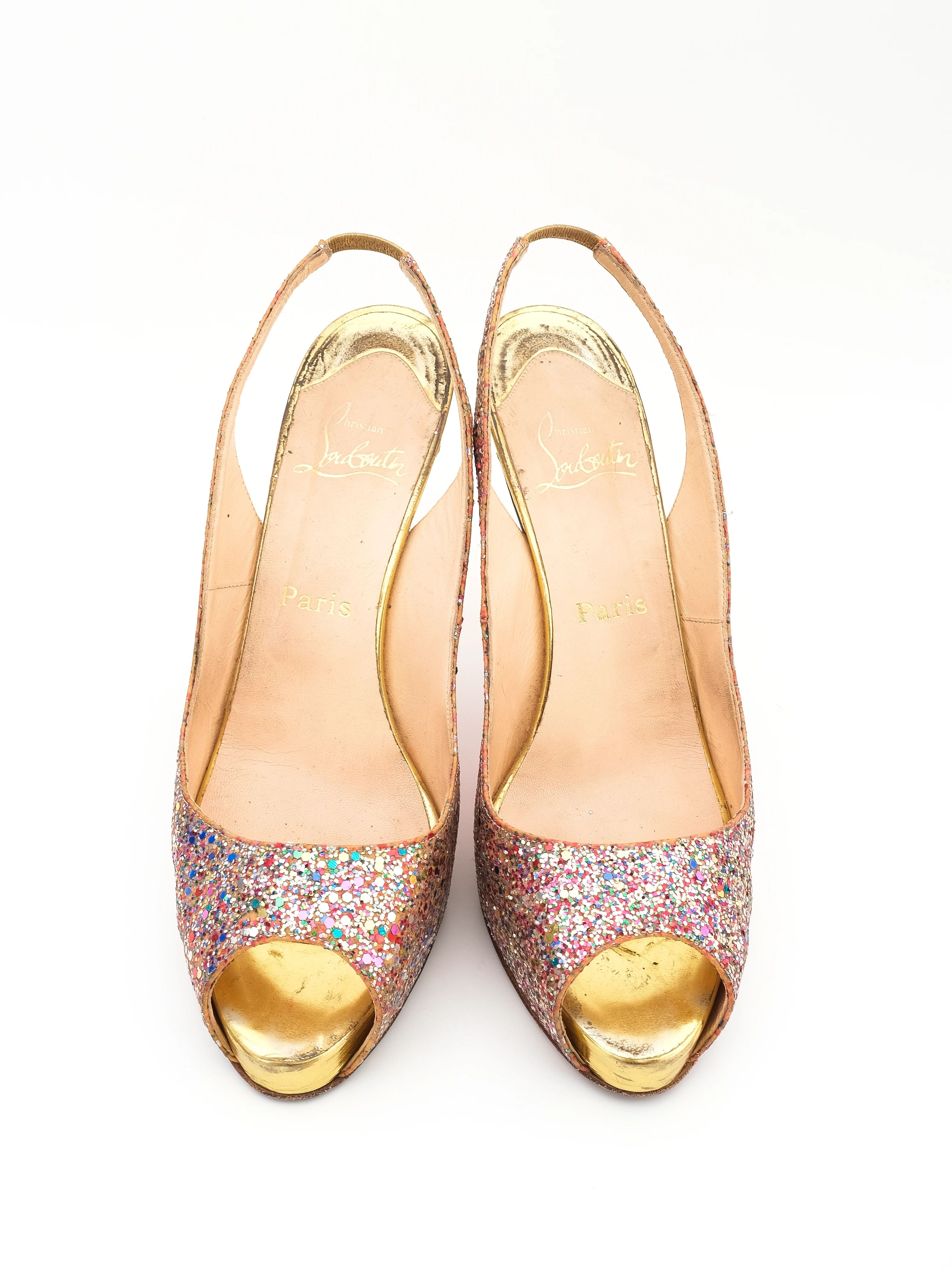 Good Condition Christian Louboutin Glitter Slingback Peep-Toe Heels Size 40