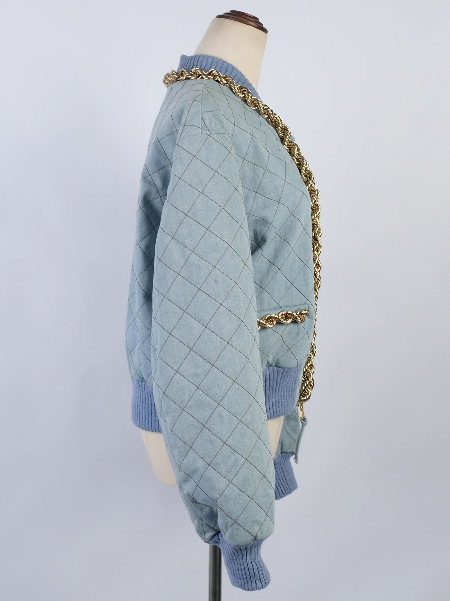 Excellent Moschino Blue Quilted Denim Jacket & Skirt Set