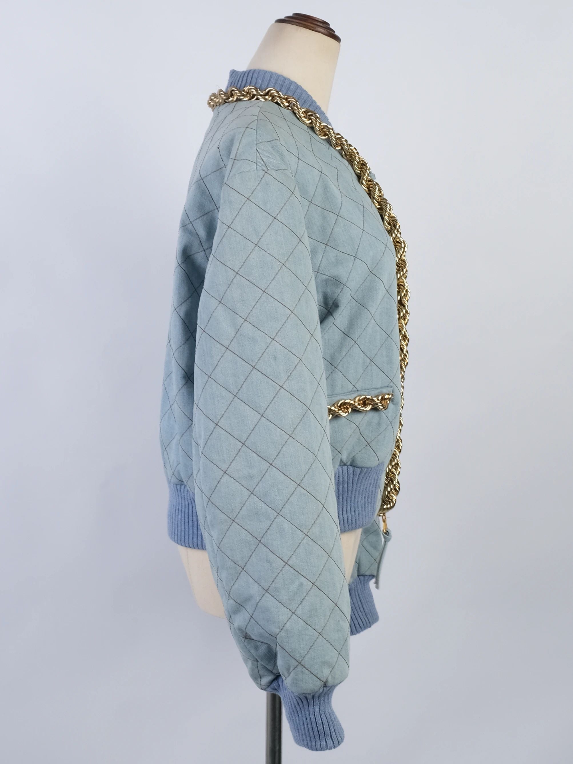 Excellent Moschino Blue Quilted Denim Jacket & Skirt Set