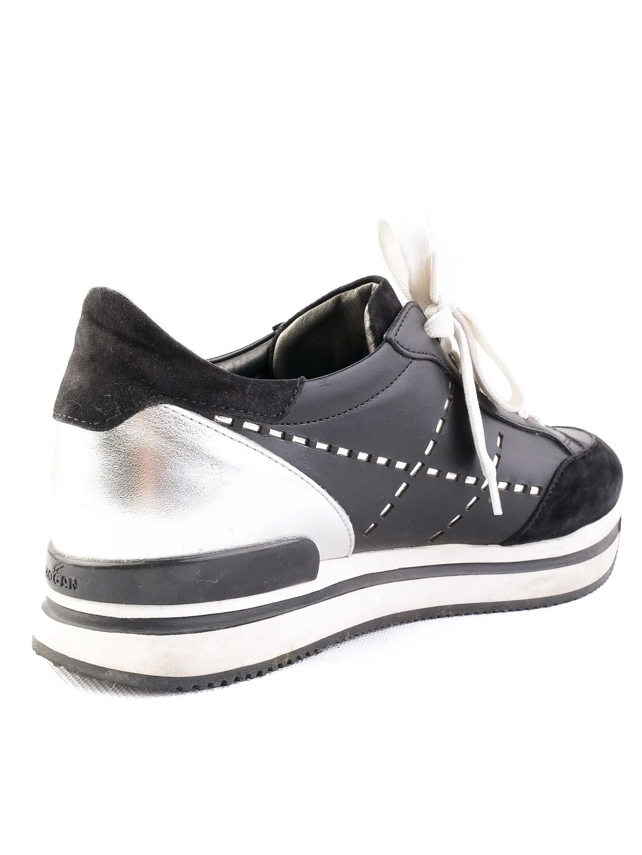 Excellent Hogan Black Leather Sneakers Size 38 with Silver Accents