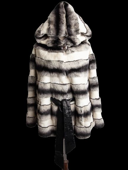 Good Cassie Gray Striped Fur Coat with Hood and Belt, Size XXS
