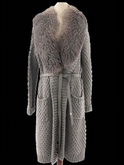 Loro Piana Gray Leather Knit Coat with Faux Fur Collar Size M