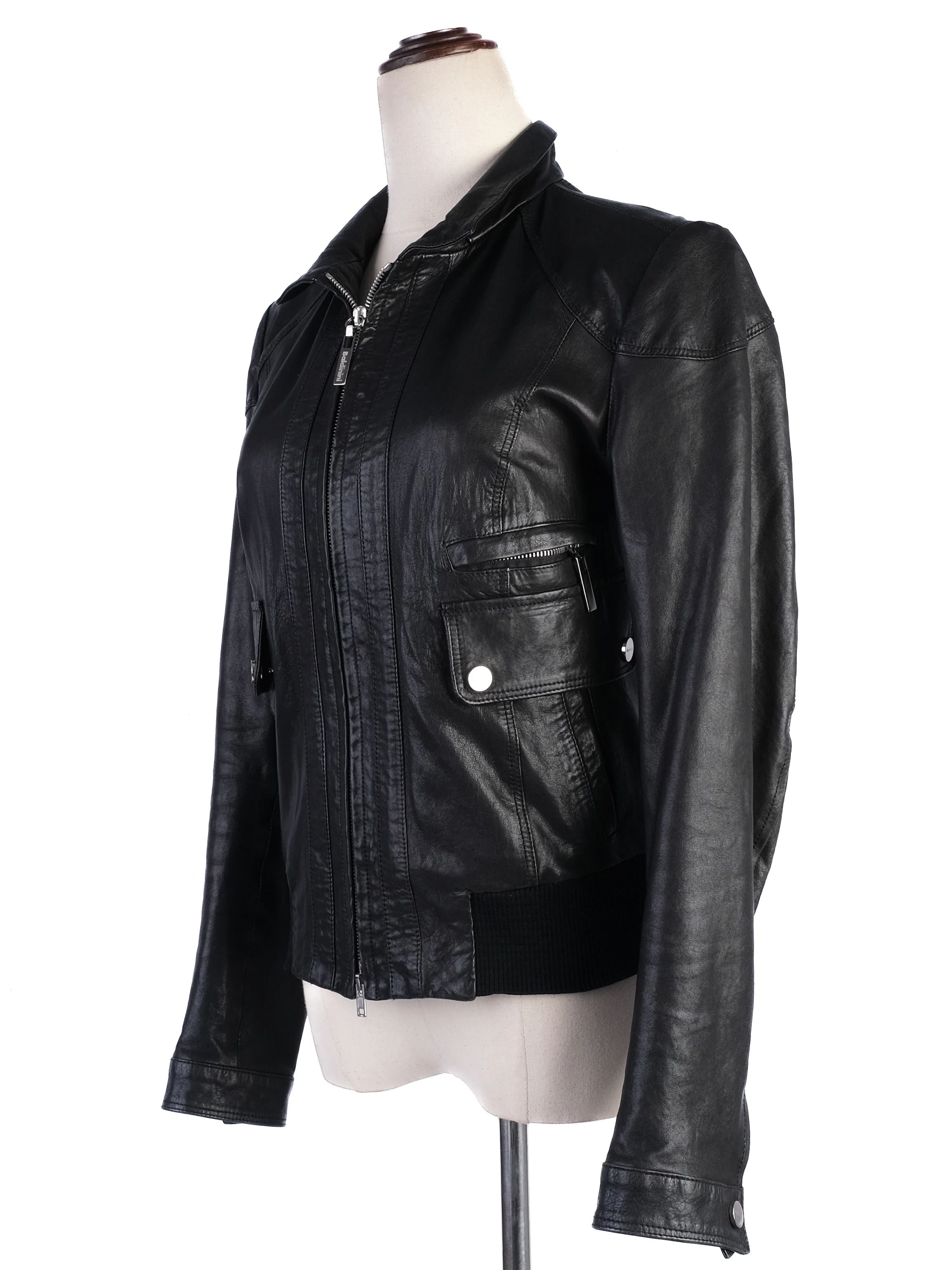 Excellent Baldinini Black Leather Jacket Size S for Women