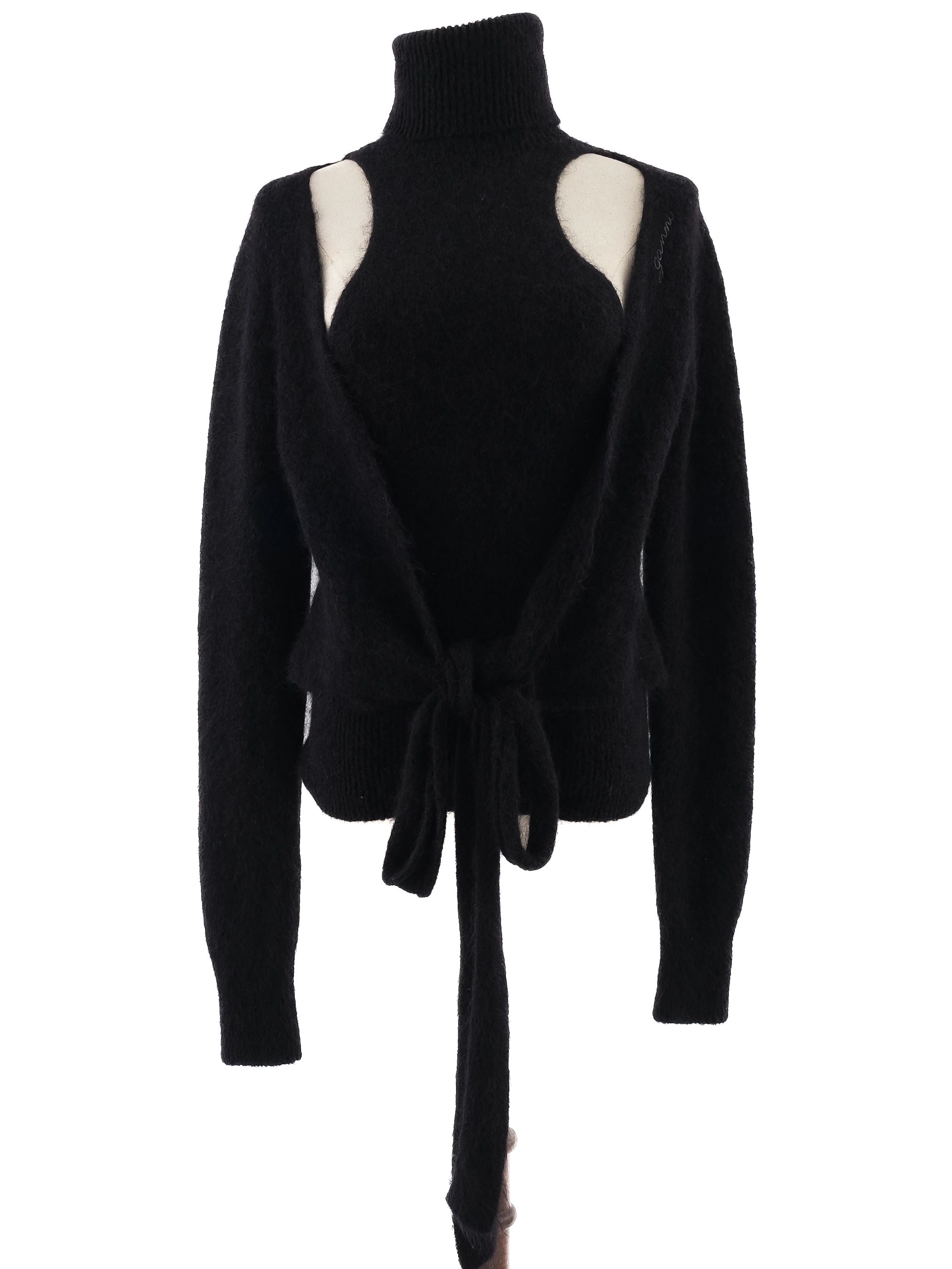 Excellent Ganni Black Wool Turtleneck Sweater Size S with Cutouts