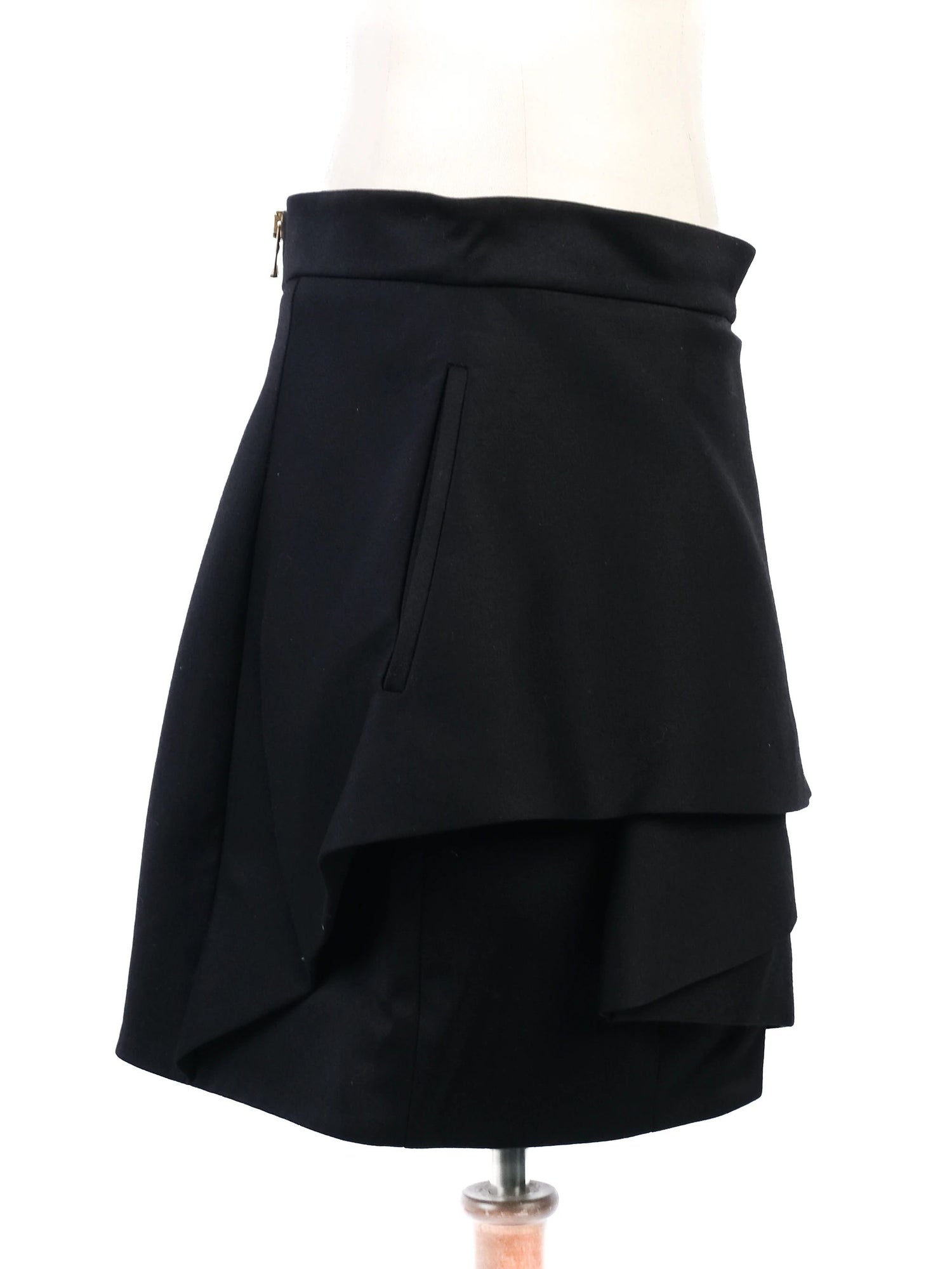 Excellent Balmain Black Wool Skirt with Layered Details