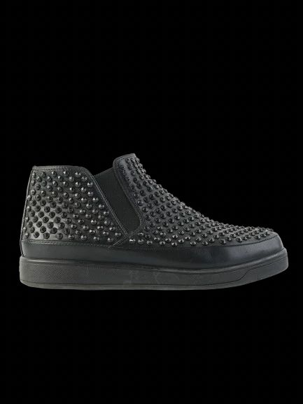Good Prada Black Leather Slip-On High-Top Sneakers Size 38 with Studs