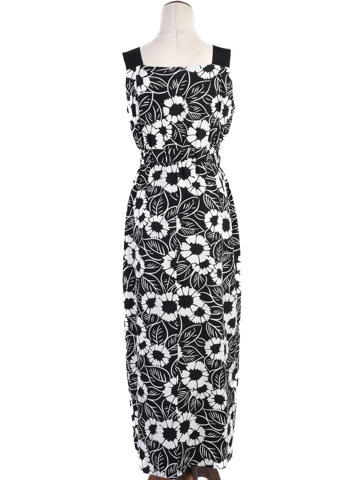 Excellent Prada Maxi Dress Black White Floral Silk Size S