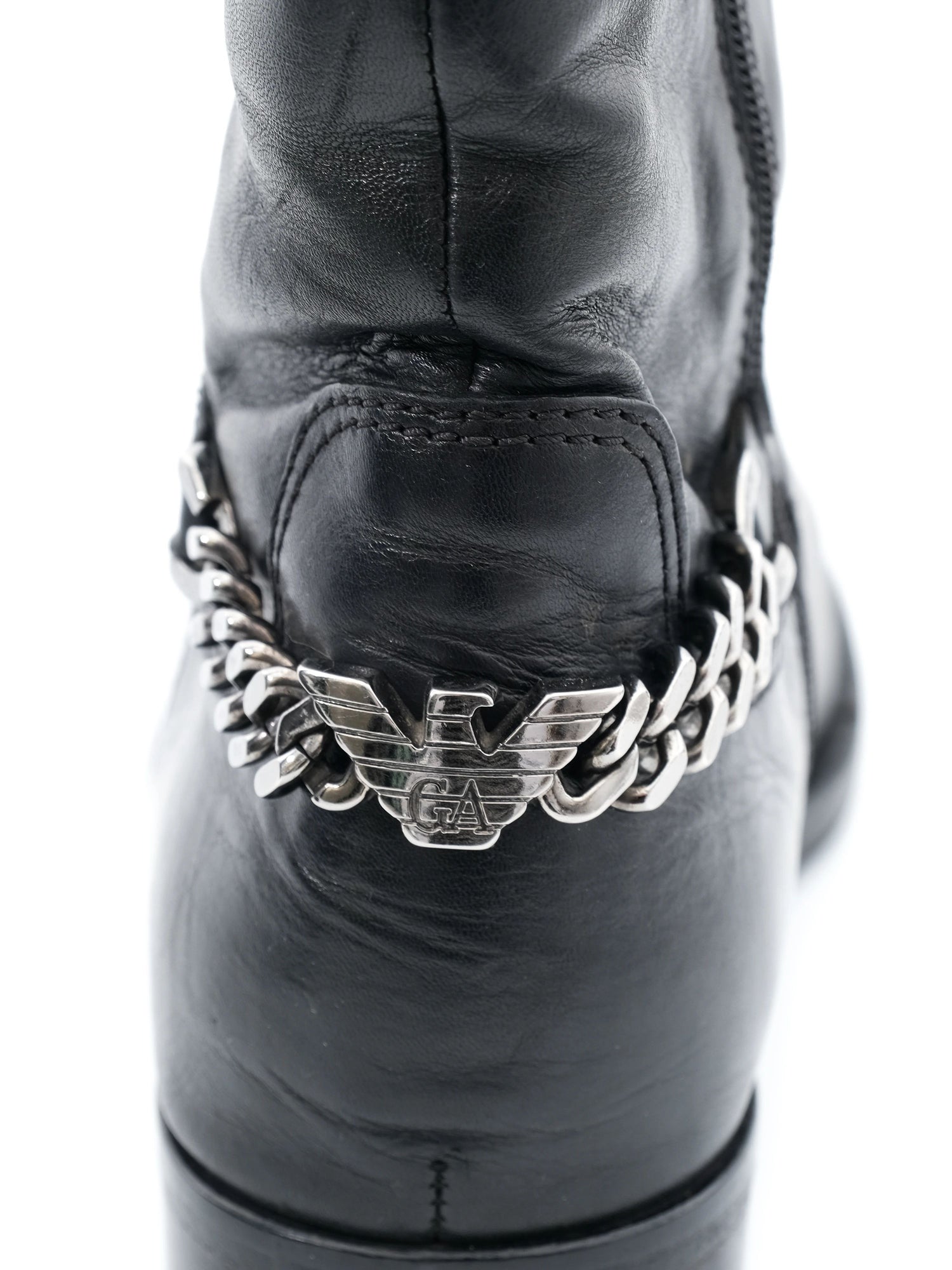 Excellent Emporio Armani Black Leather Boots with Chain Detail Size 40.5