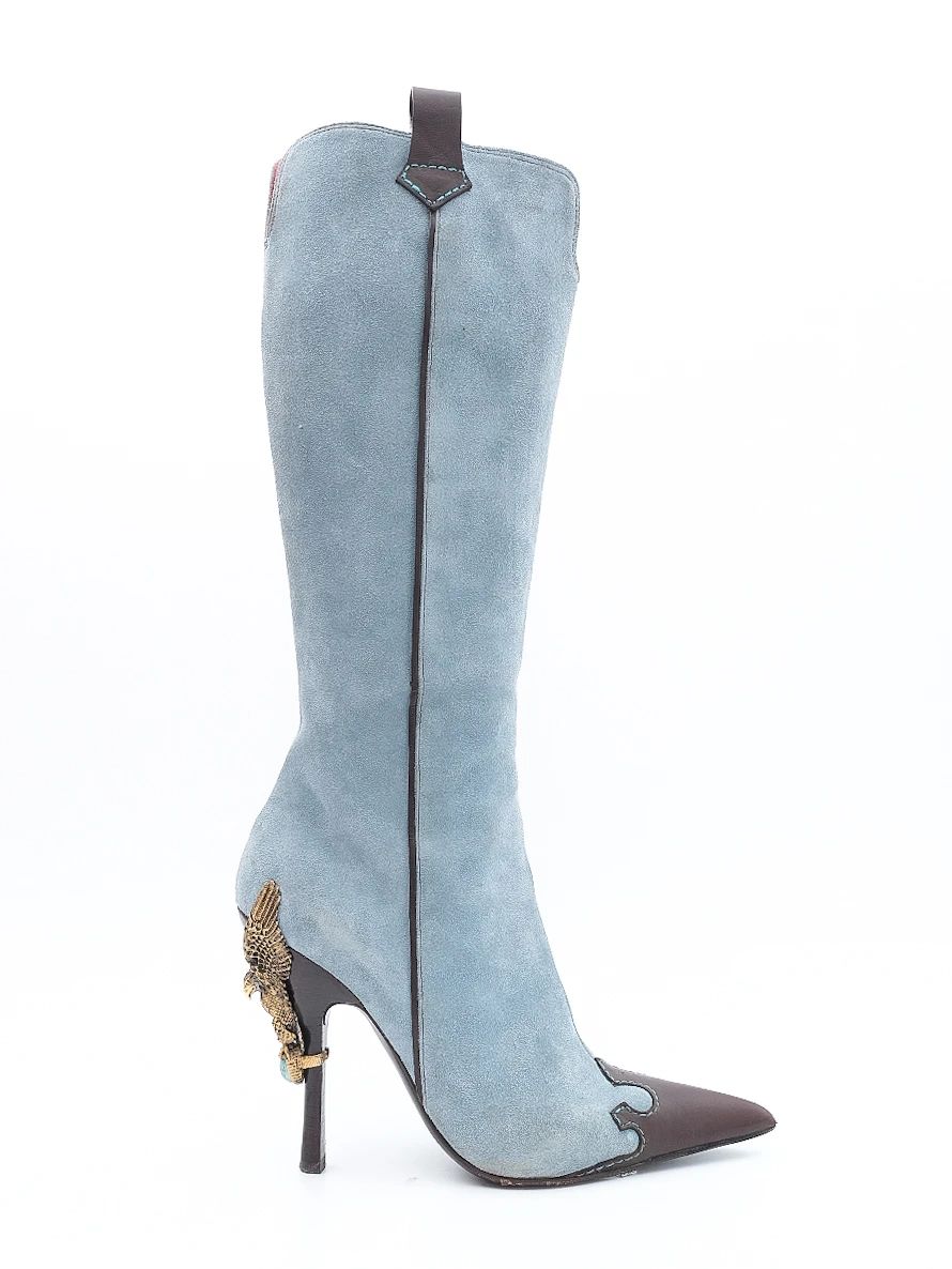 Excellent Vicini Blue Leather High-Heeled Boots with Eagle Design, Size 38