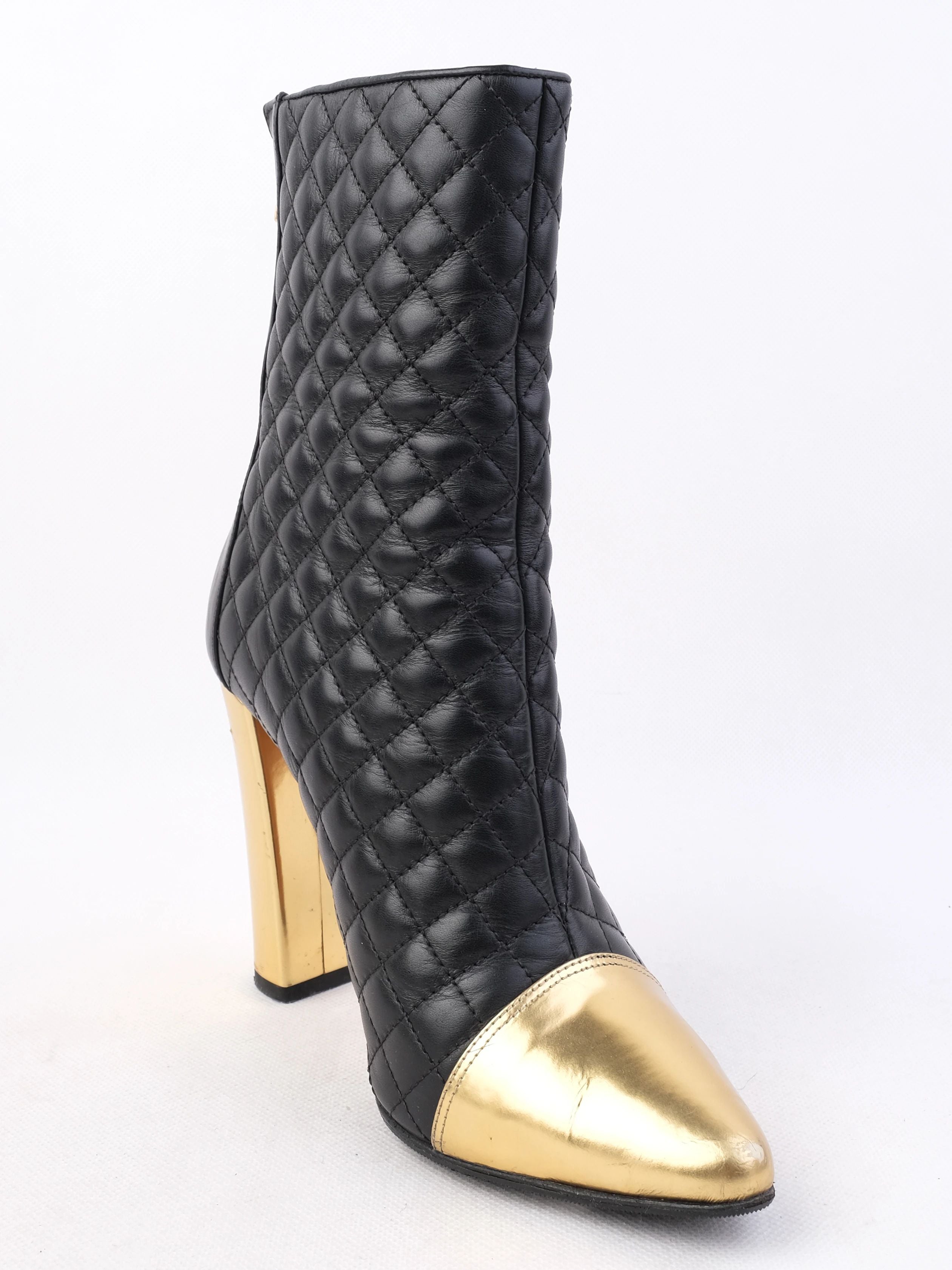 Excellent Balmain Black Leather Ankle Boots with Gold Accents, Size 39
