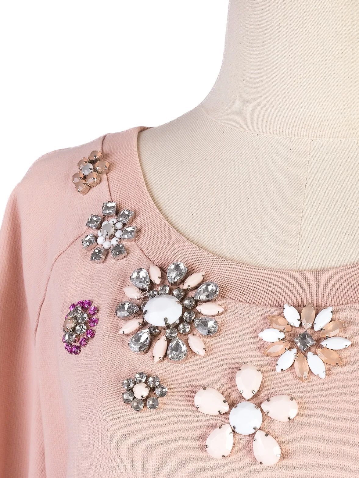 Excellent Intrend Pink Cotton Sweater Size S with Floral Embellishments
