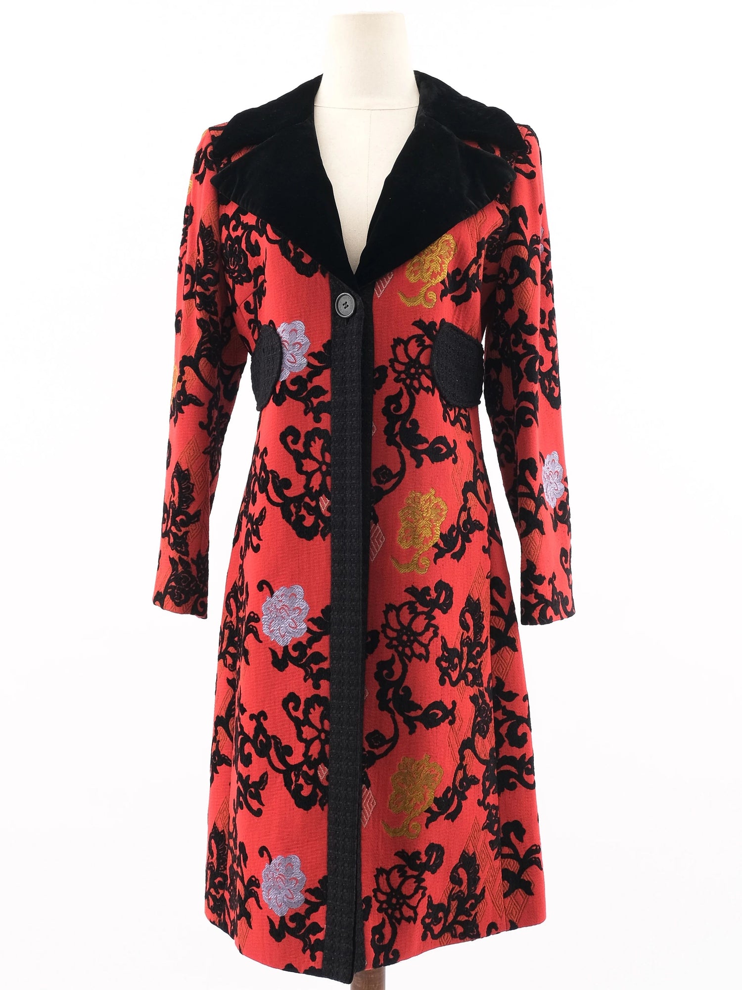 Excellent Etro Red Wool Floral Patterned Coat Size M