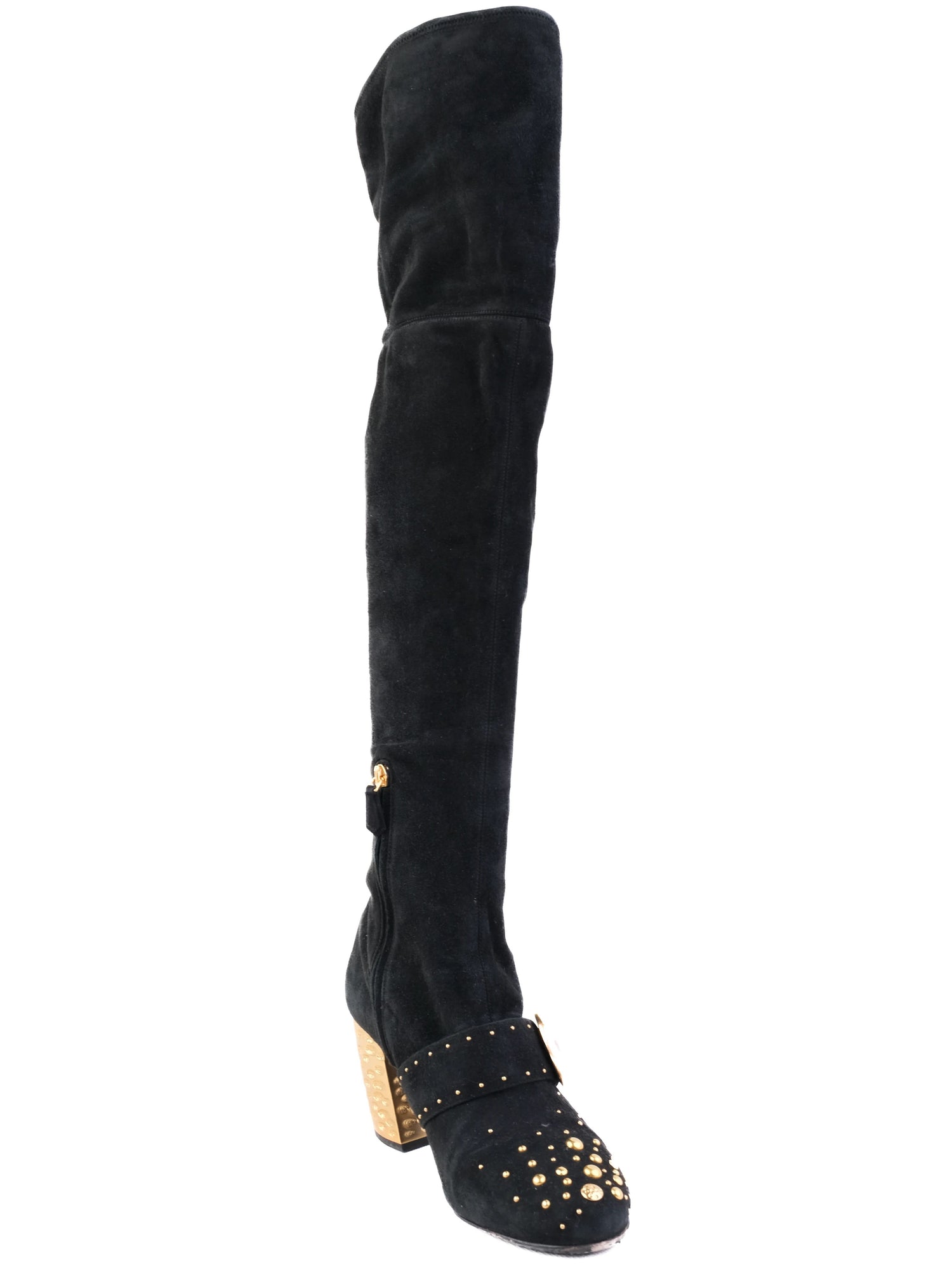 Excellent Prada Black Leather Thigh-High Boots Size 40 with Gold Accents