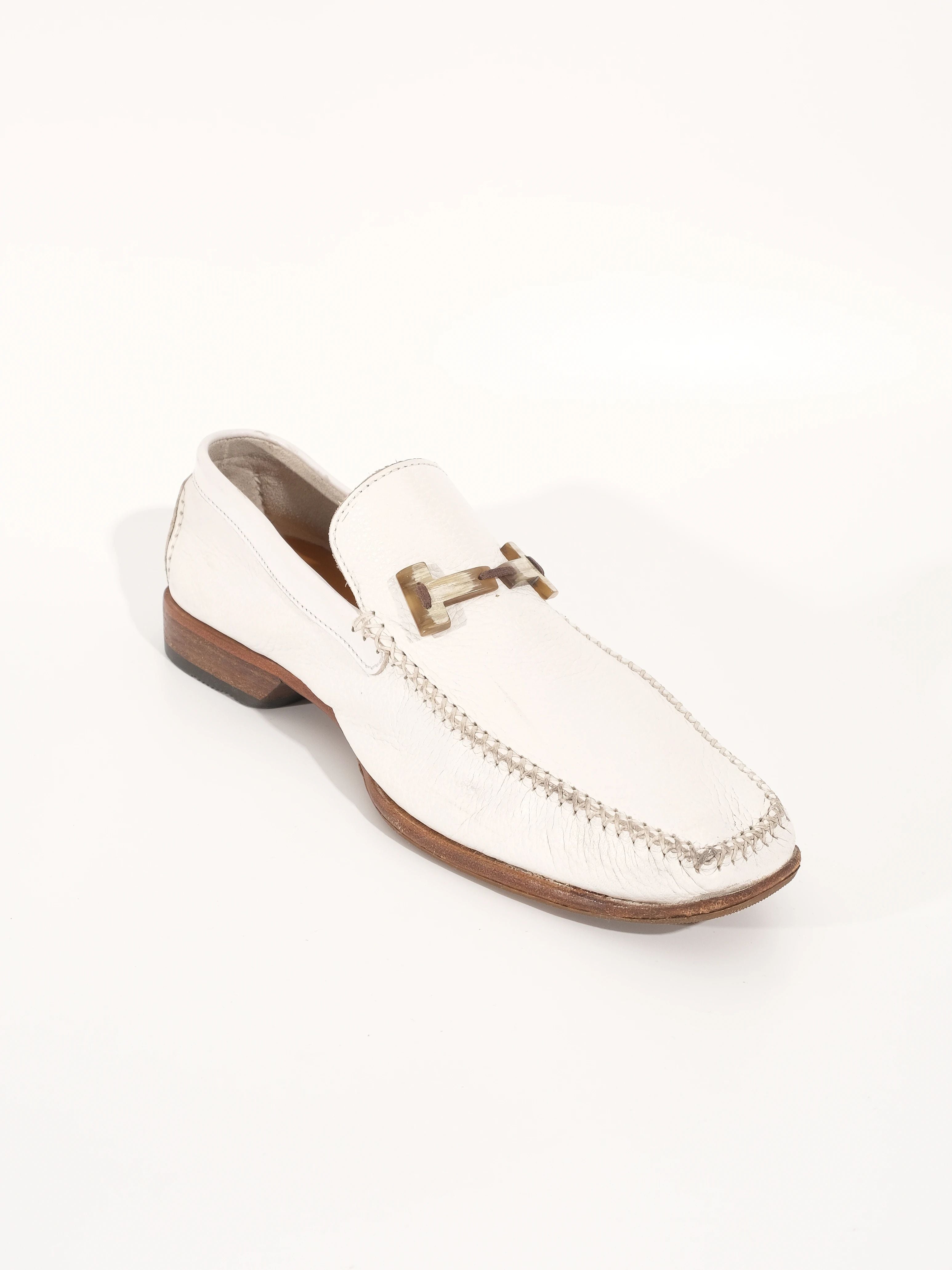 Excellent A.Testoni White Leather Loafers Size 43 with Wooden Sole