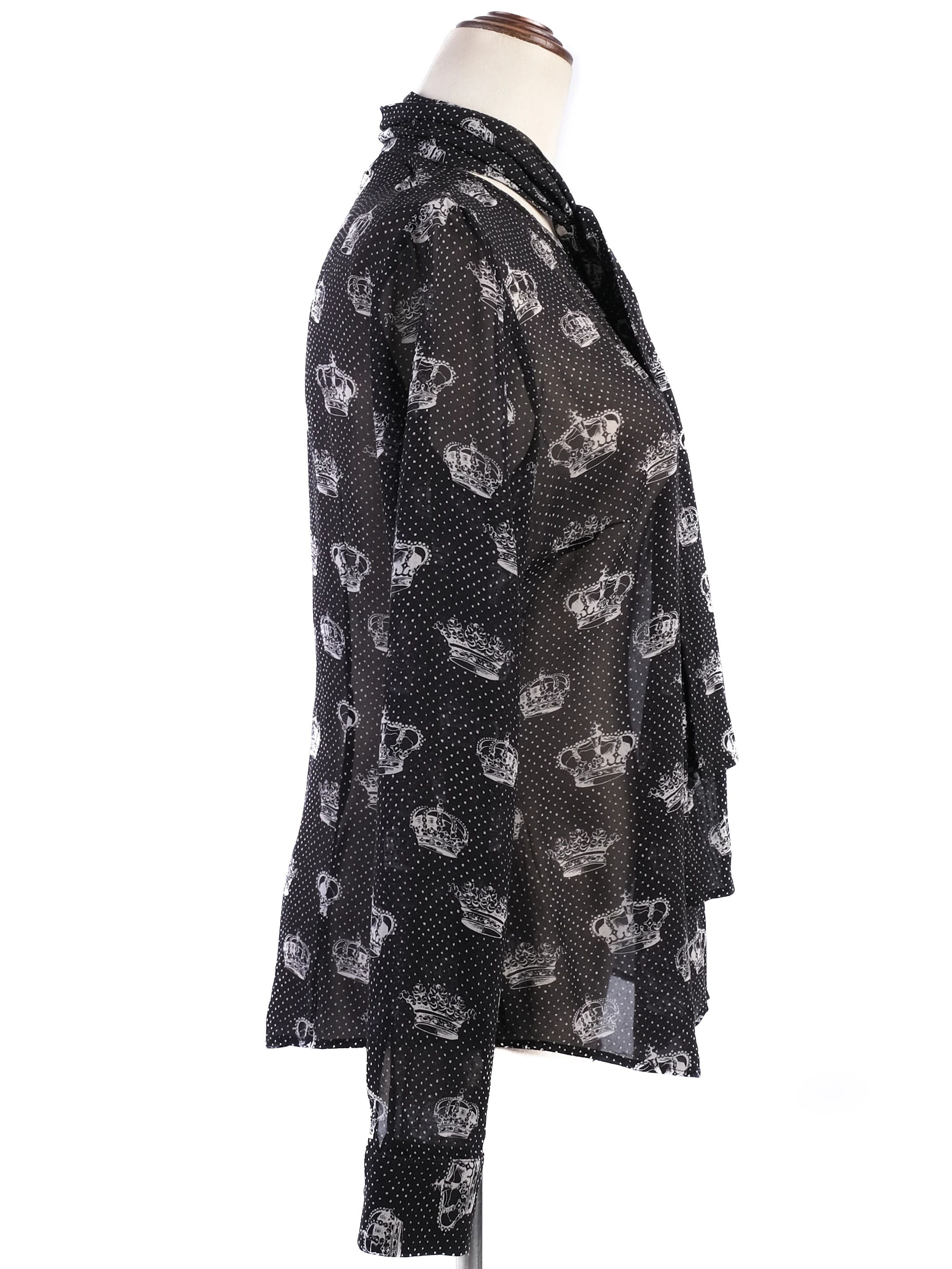 Excellent Red Valentino Black Silk Sheer Blouse with Crown Print