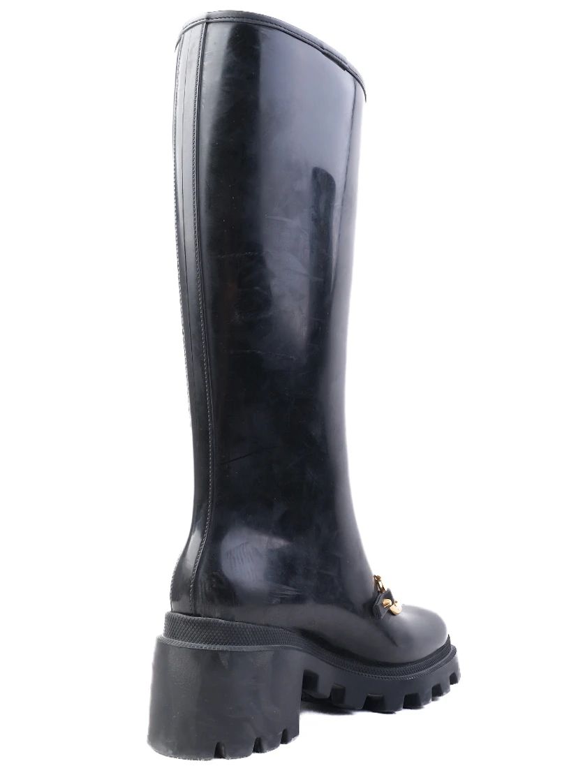 Excellent Gucci Black Knee-High Platform Boots with Gold Buckle Detail