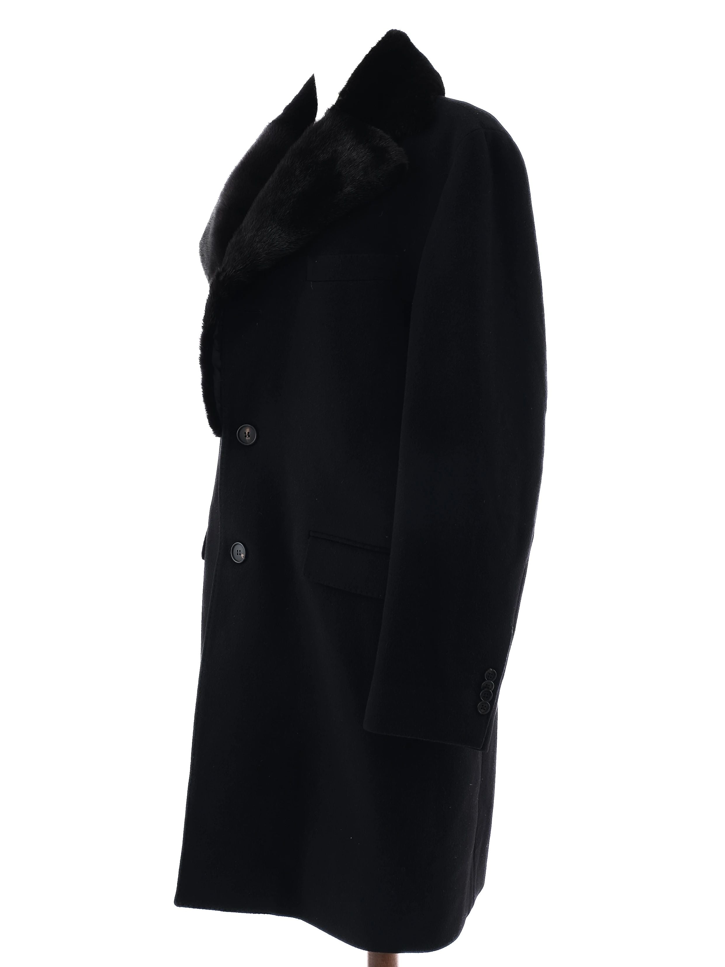 Excellent Smalto Black Cashmere Coat with Fur Collar Size XL