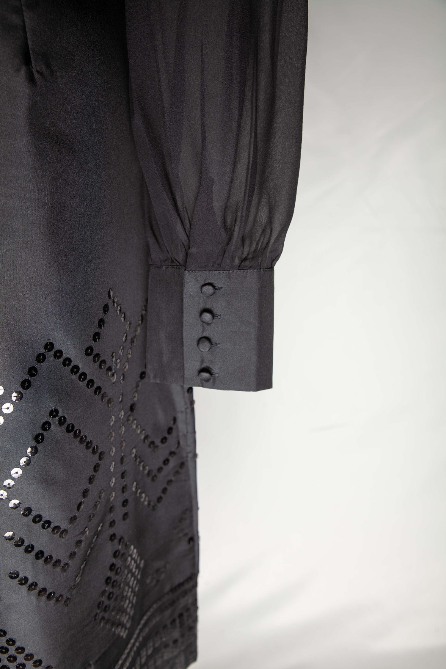 Good Monsoon Black Silk Dress Size S V-Neck with Embellished Sleeves