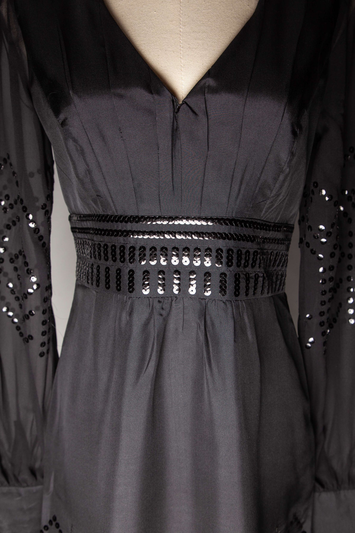 Good Monsoon Black Silk Dress Size S V-Neck with Embellished Sleeves