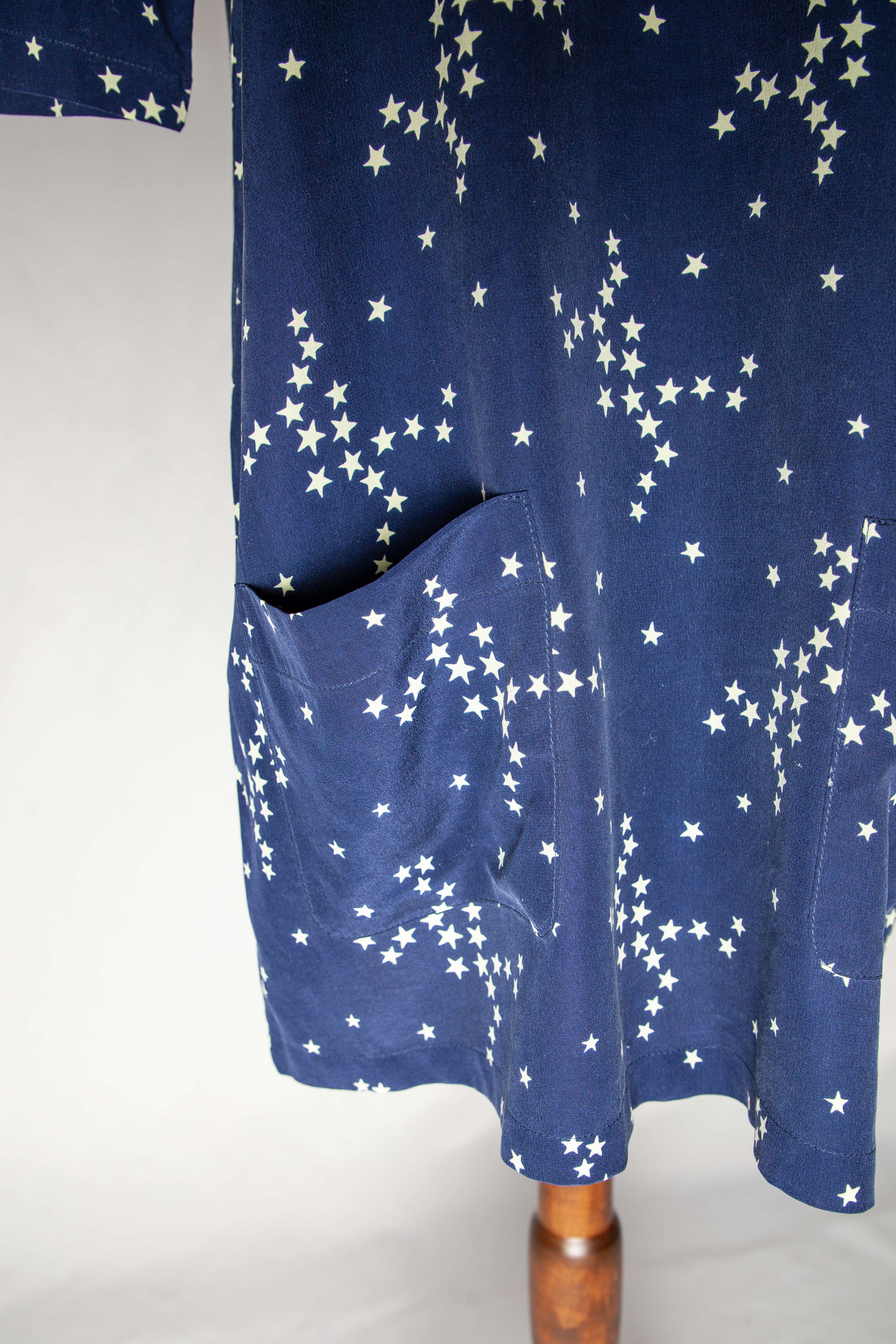 Good Condition Equipment Blue Silk Dress Size S with Star Pattern